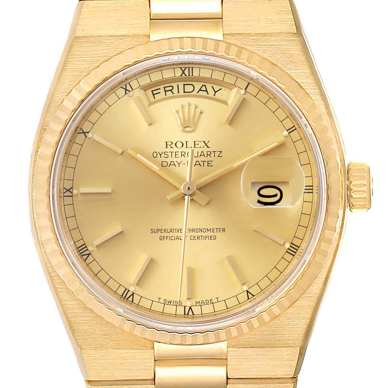 The image shows a Rolex Oysterquartz 19018 Men's Yellow Gold Champagne Dial 19018 Men's Yellow Gold Champagne Dial watch from a front angle, highlighting the dial, day-date display, and crown.