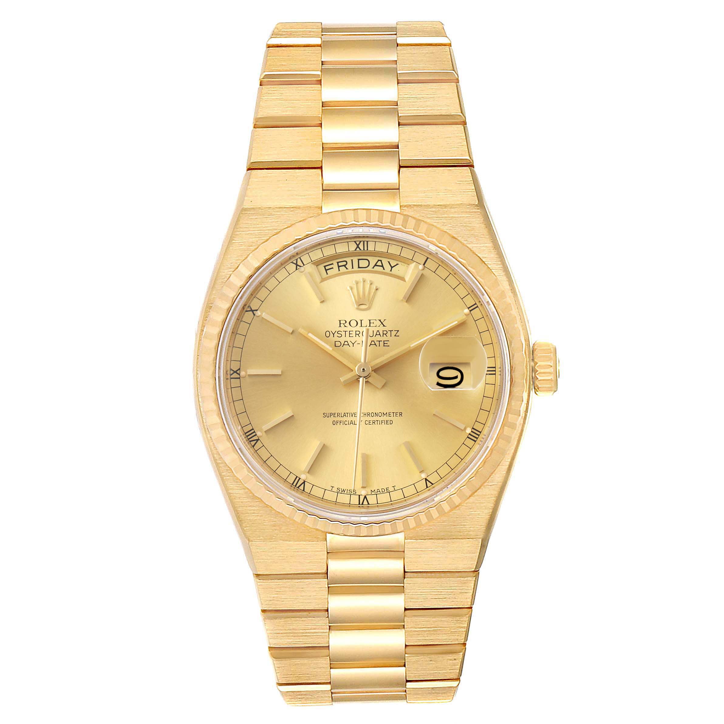 The image shows a frontal view of a gold Rolex Oysterquartz 19018 Men's Yellow Gold Champagne Dial 19018 Men's Yellow Gold Champagne Dial watch, displaying the dial, bracelet, and crown.