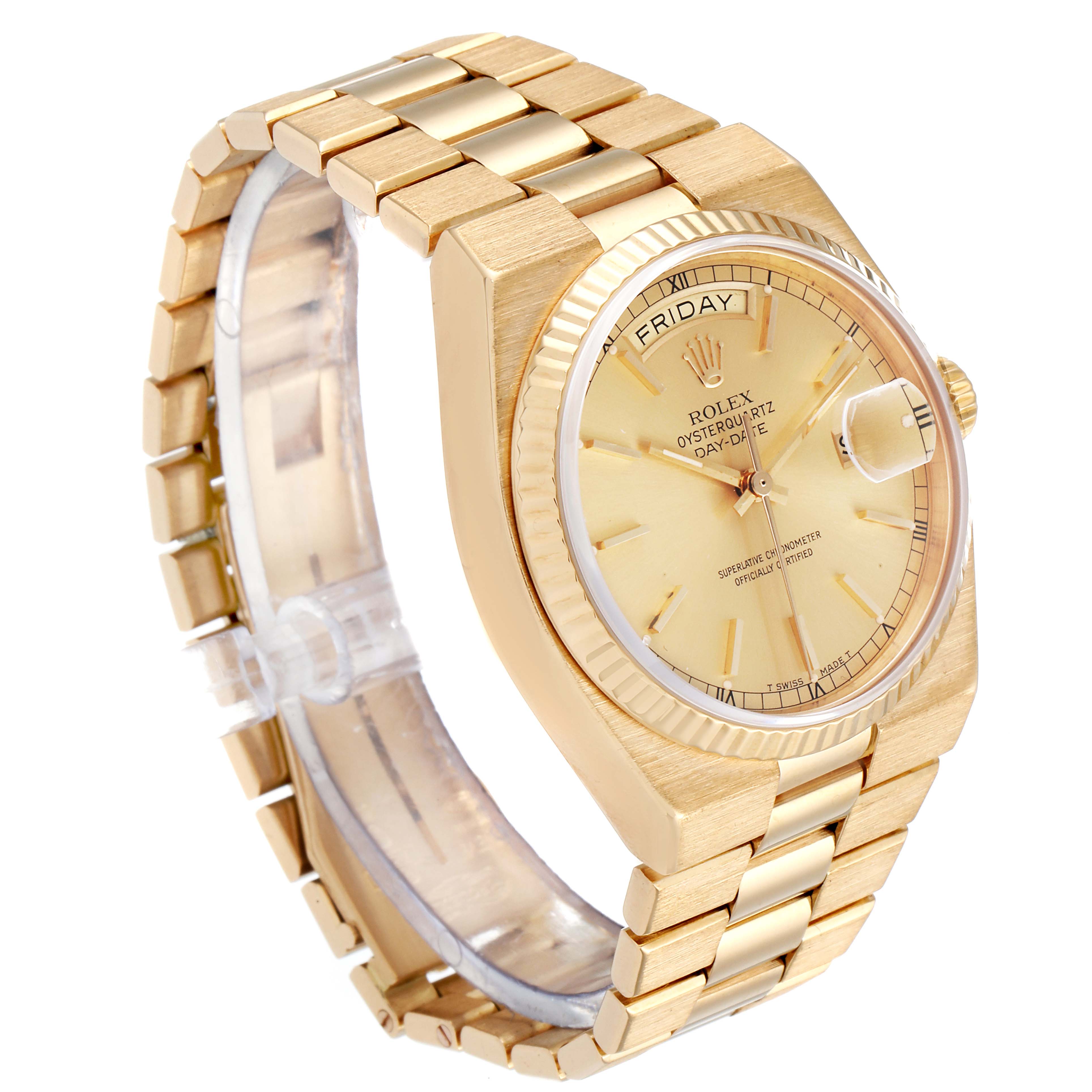 The image shows a side angle of a Rolex Oysterquartz 19018 Men's Yellow Gold Champagne Dial 19018 Men's Yellow Gold Champagne Dial watch, featuring its bracelet, bezel, dial, and crown.
