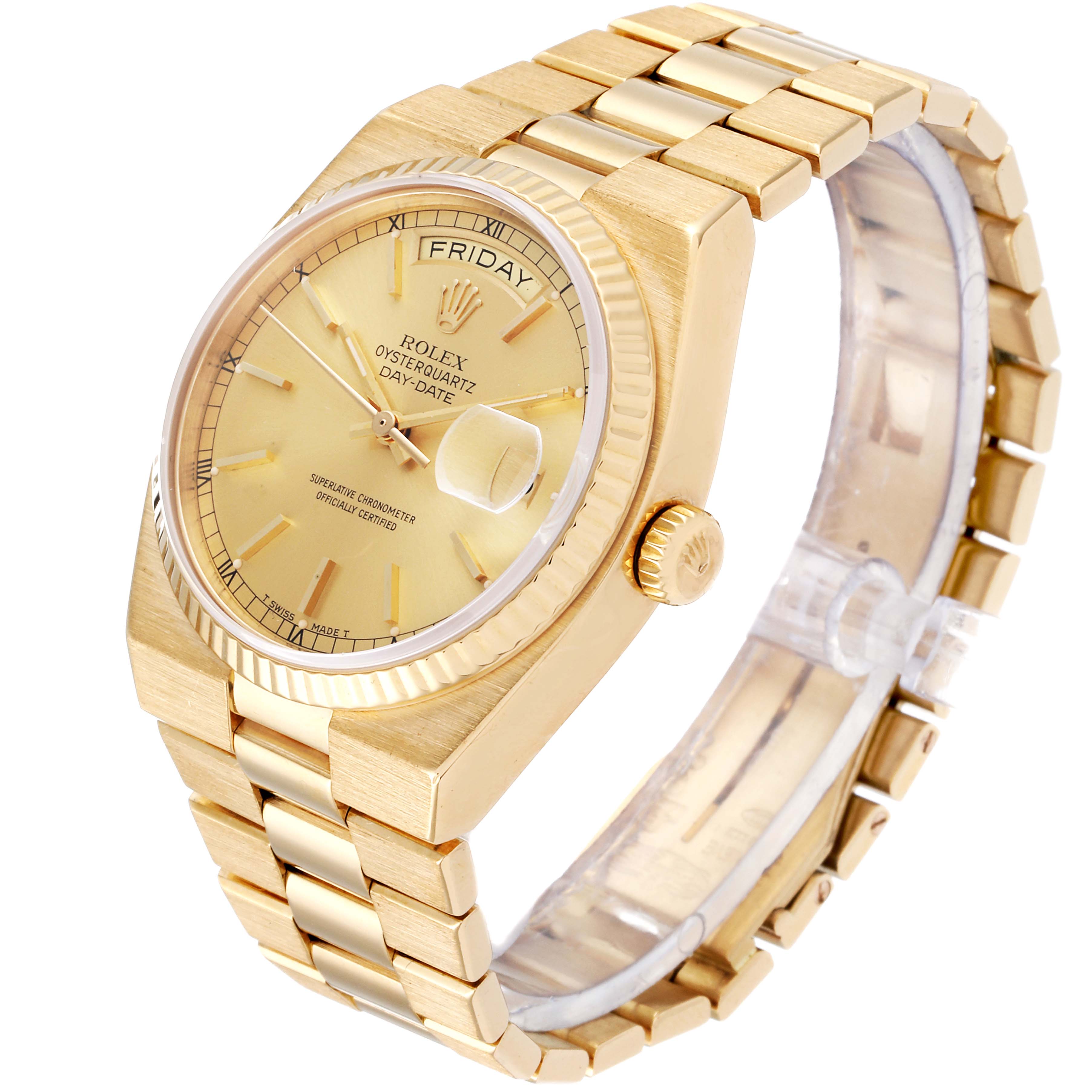 The Rolex Oysterquartz 19018 Men's Yellow Gold Champagne Dial 19018 Men's Yellow Gold Champagne Dial watch is shown from a front angle, displaying its gold case, dial, and bracelet.