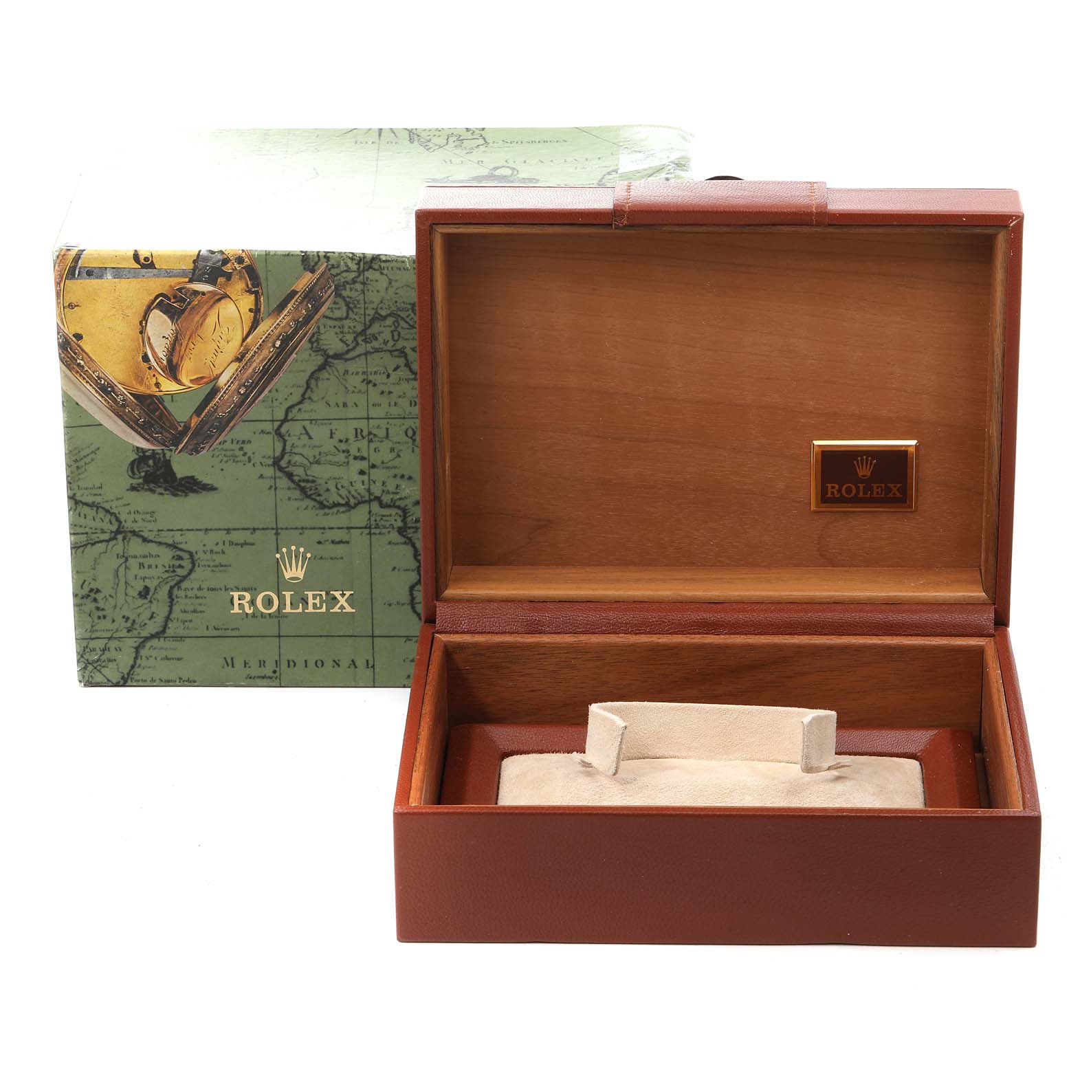 The image shows an open Rolex watch box and packaging for the Oysterquartz model.