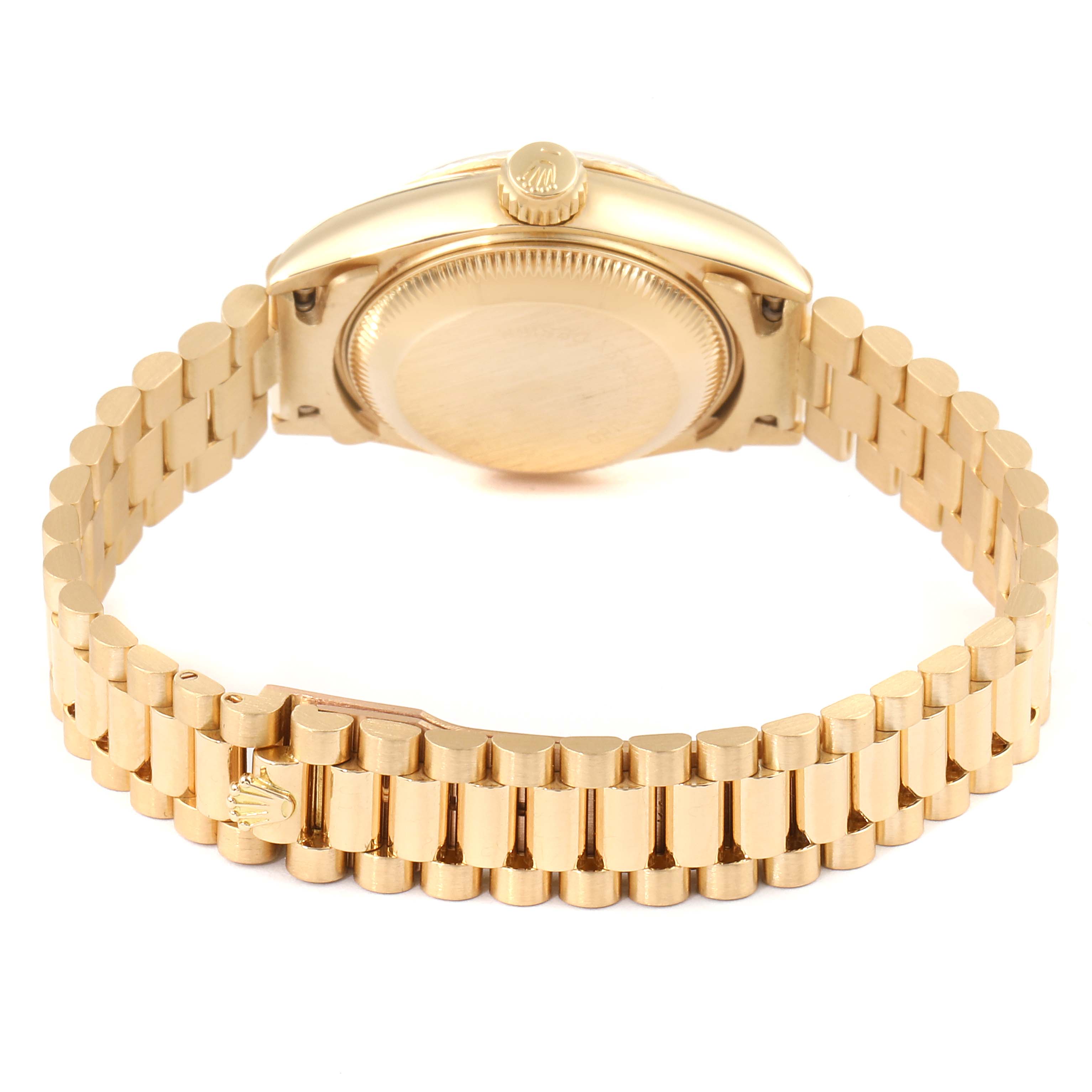 This image shows the back case and bracelet of a Rolex President 69178 Women's Yellow Gold Champagne Dial 69178 Women's Yellow Gold Champagne Dial model watch.