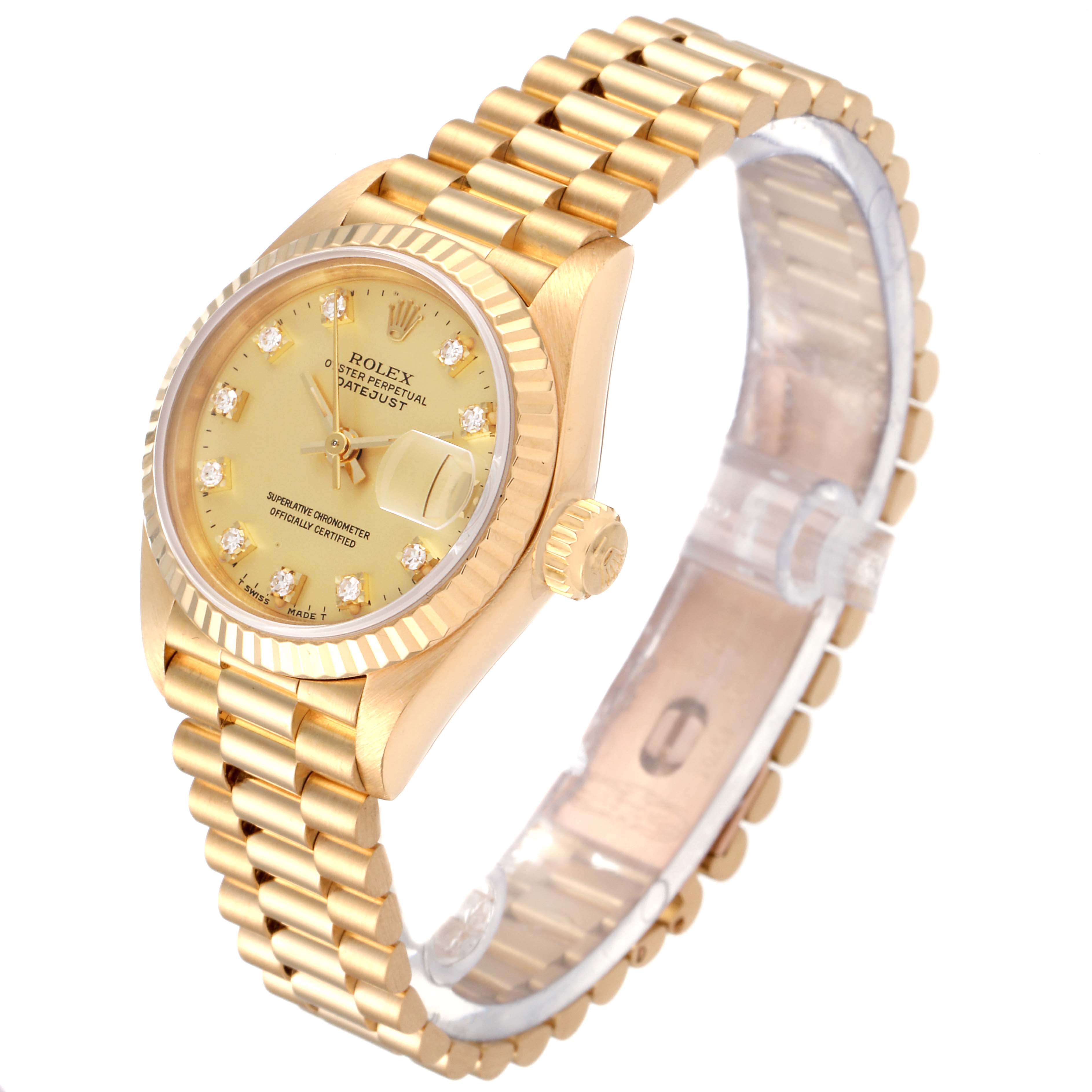 The image shows a side-angle view of a gold Rolex President 69178 Women's Yellow Gold Champagne Dial 69178 Women's Yellow Gold Champagne Dial model watch displaying its dial, bezel, crown, and bracelet.
