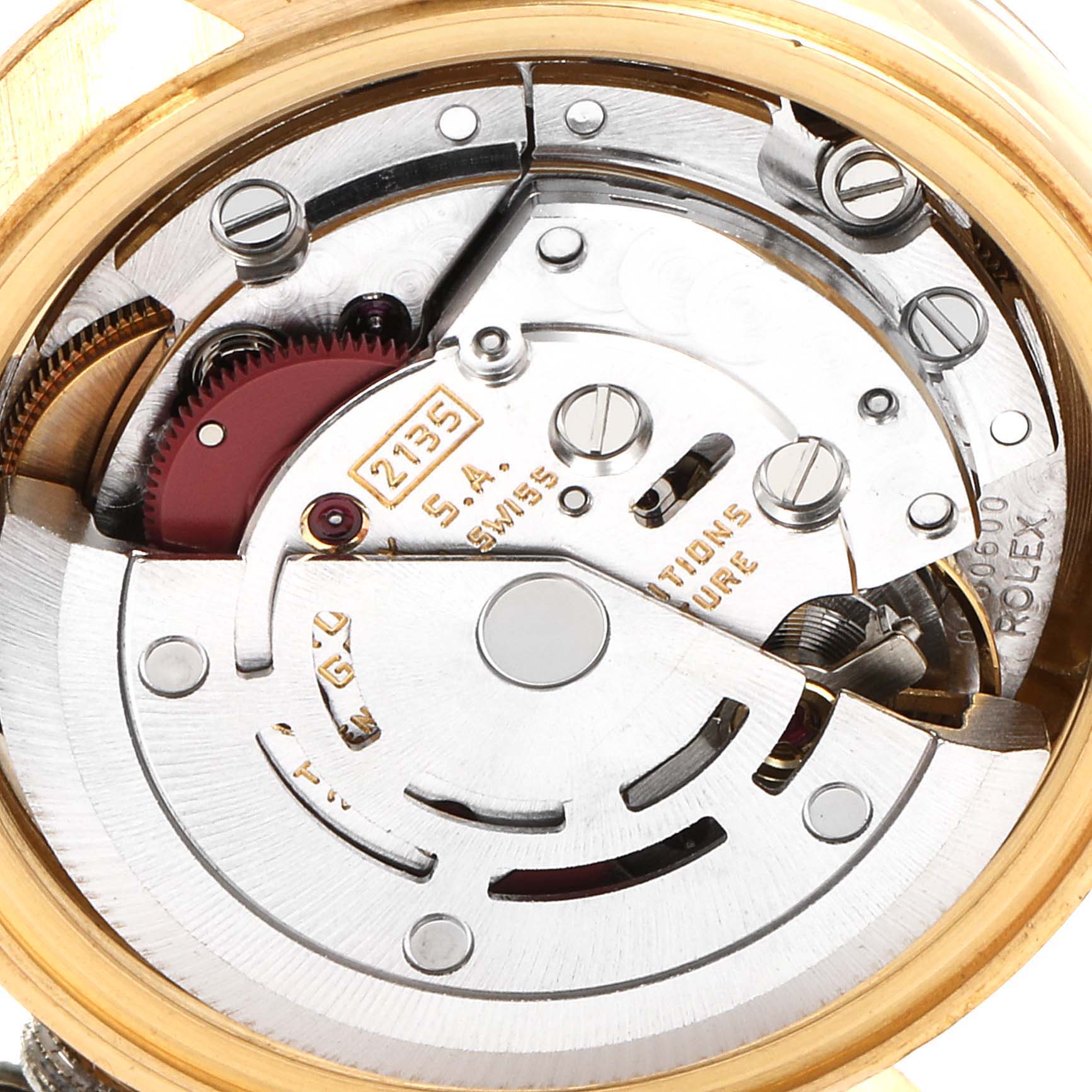This image shows a close-up of the internal mechanism and movement components of a Rolex President 69178 Women's Yellow Gold Champagne Dial 69178 Women's Yellow Gold Champagne Dial model watch.