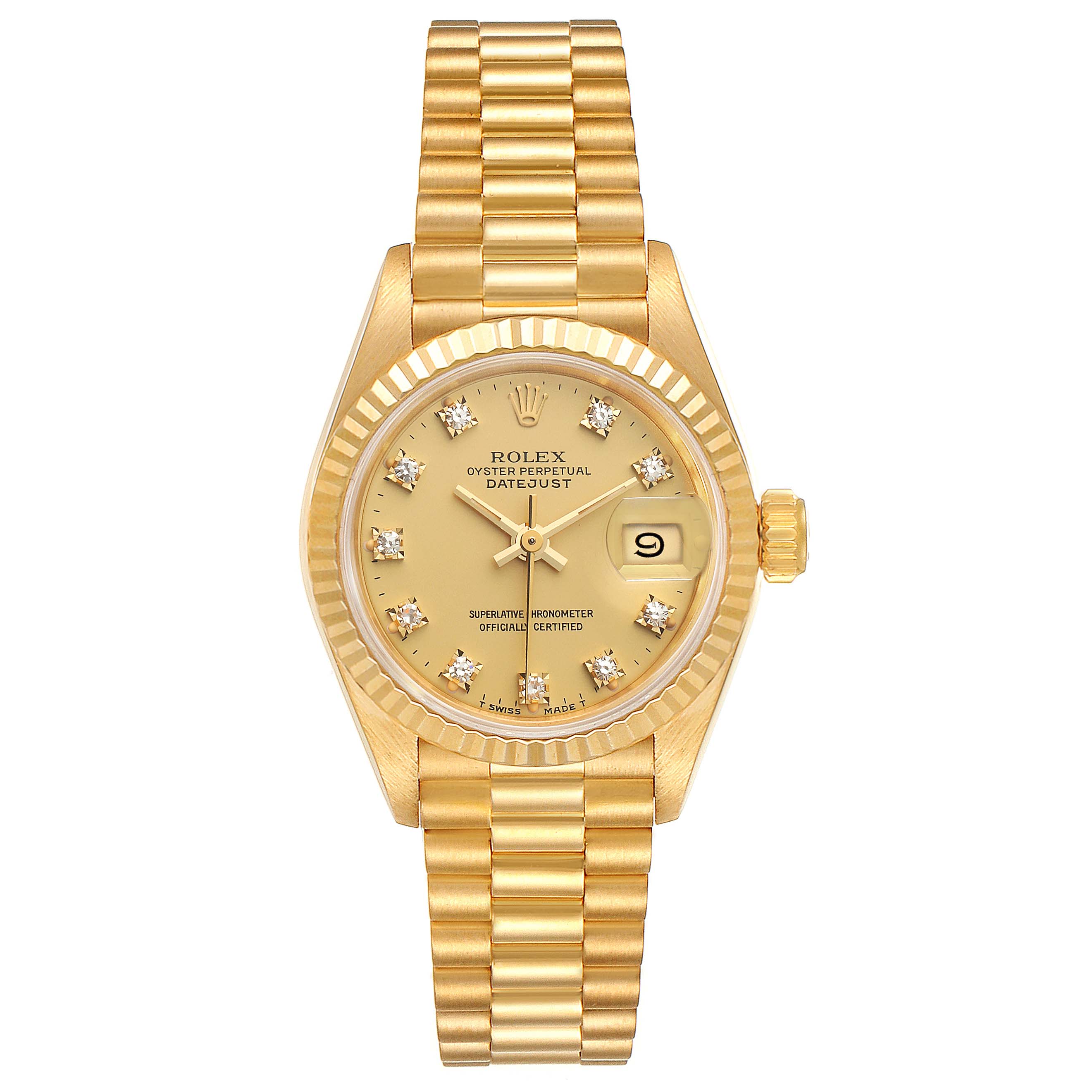 This is a front view of a Rolex President 69178 Women's Yellow Gold Champagne Dial 69178 Women's Yellow Gold Champagne Dial model watch showing the dial, bracelet, crown, and date window.
