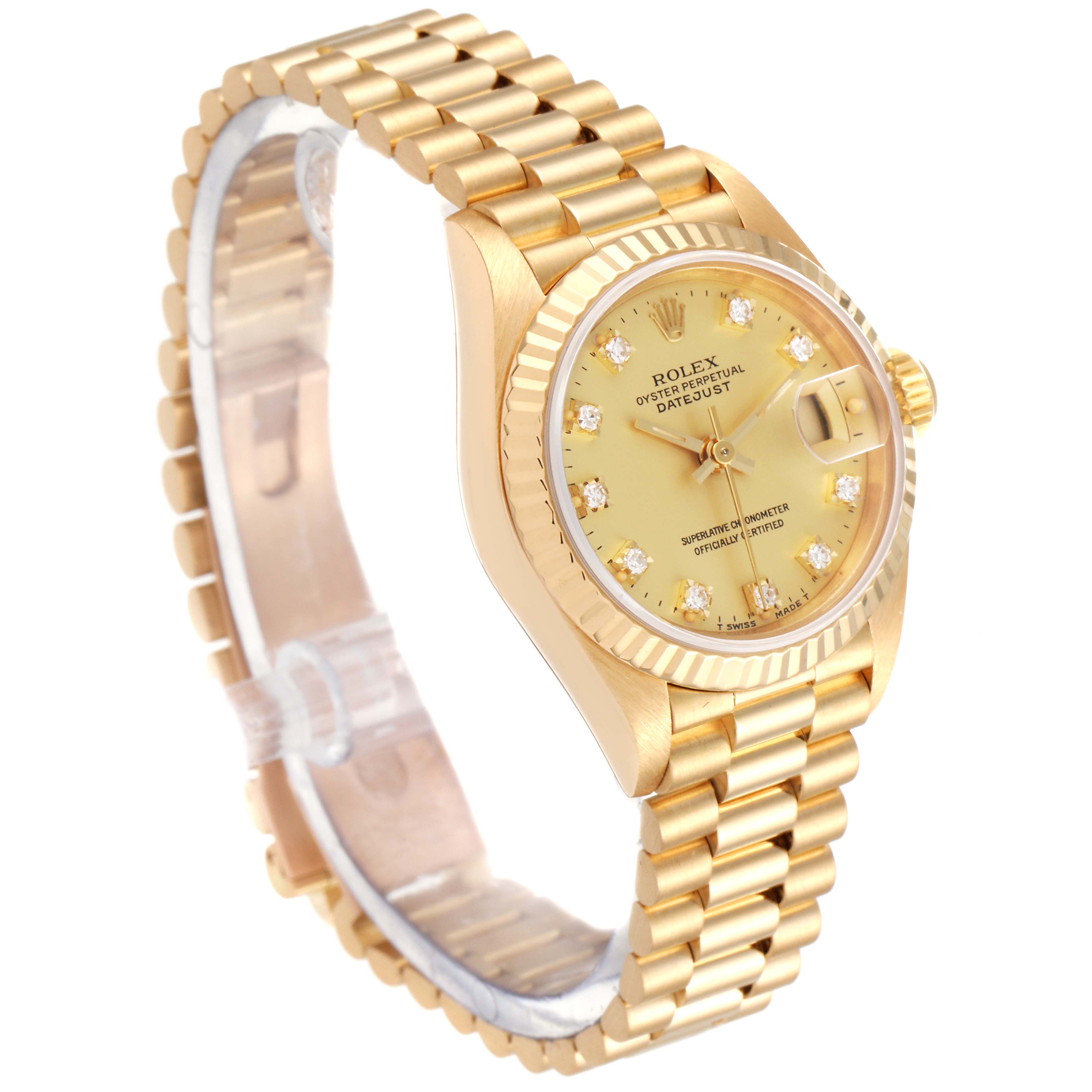 The Rolex President 69178 Women's Yellow Gold Champagne Dial 69178 Women's Yellow Gold Champagne Dial model watch is shown at a three-quarter angle, highlighting the dial and bracelet.