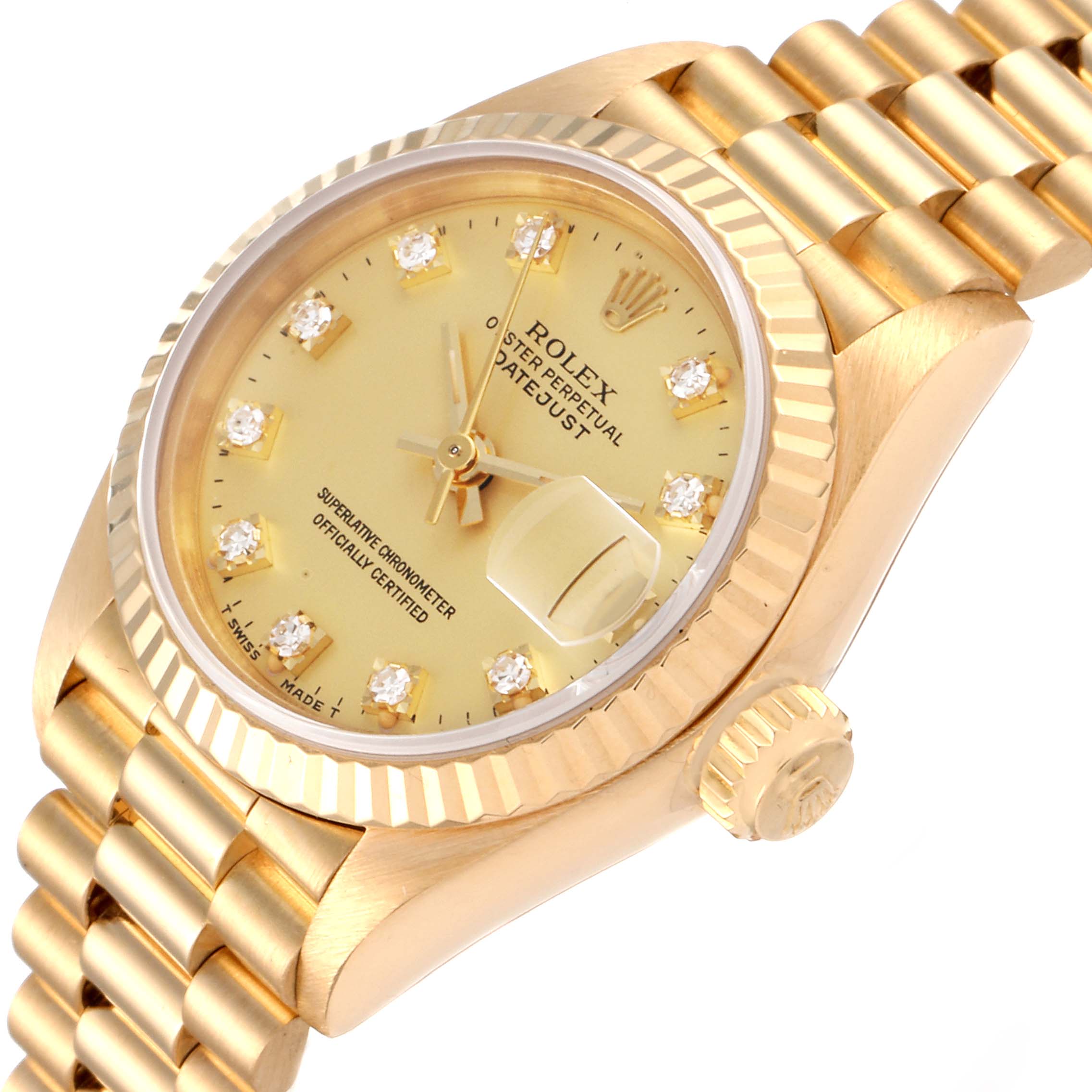 The Rolex President 69178 Women's Yellow Gold Champagne Dial 69178 Women's Yellow Gold Champagne Dial Model watch is shown at an oblique angle, highlighting its gold fluted bezel, diamond hour markers, and bracelet.