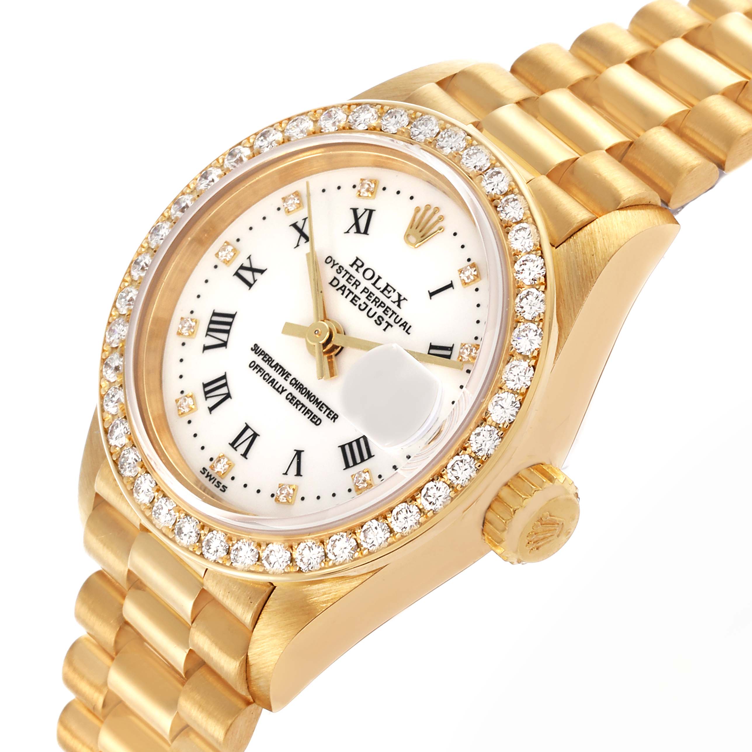 The Rolex President 79138 Women's Yellow Gold White Dial 79138 Women's Yellow Gold White Dial model is shown at a slight angle, highlighting the dial, bezel, crown, and bracelet.