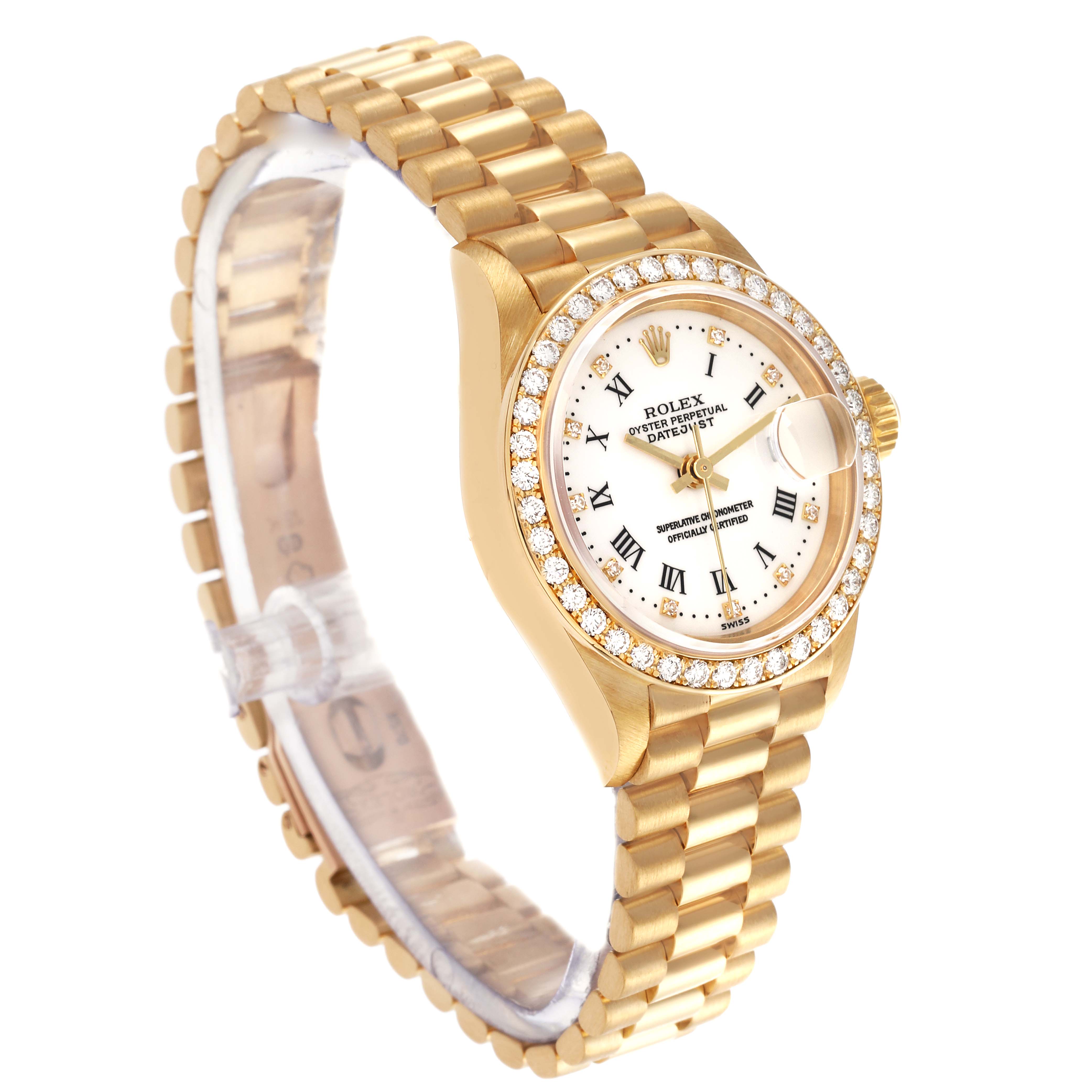 The Rolex President 79138 Women's Yellow Gold White Dial 79138 Women's Yellow Gold White Dial model watch is shown at a slight angle, highlighting the bezel, dial, crown, and bracelet.