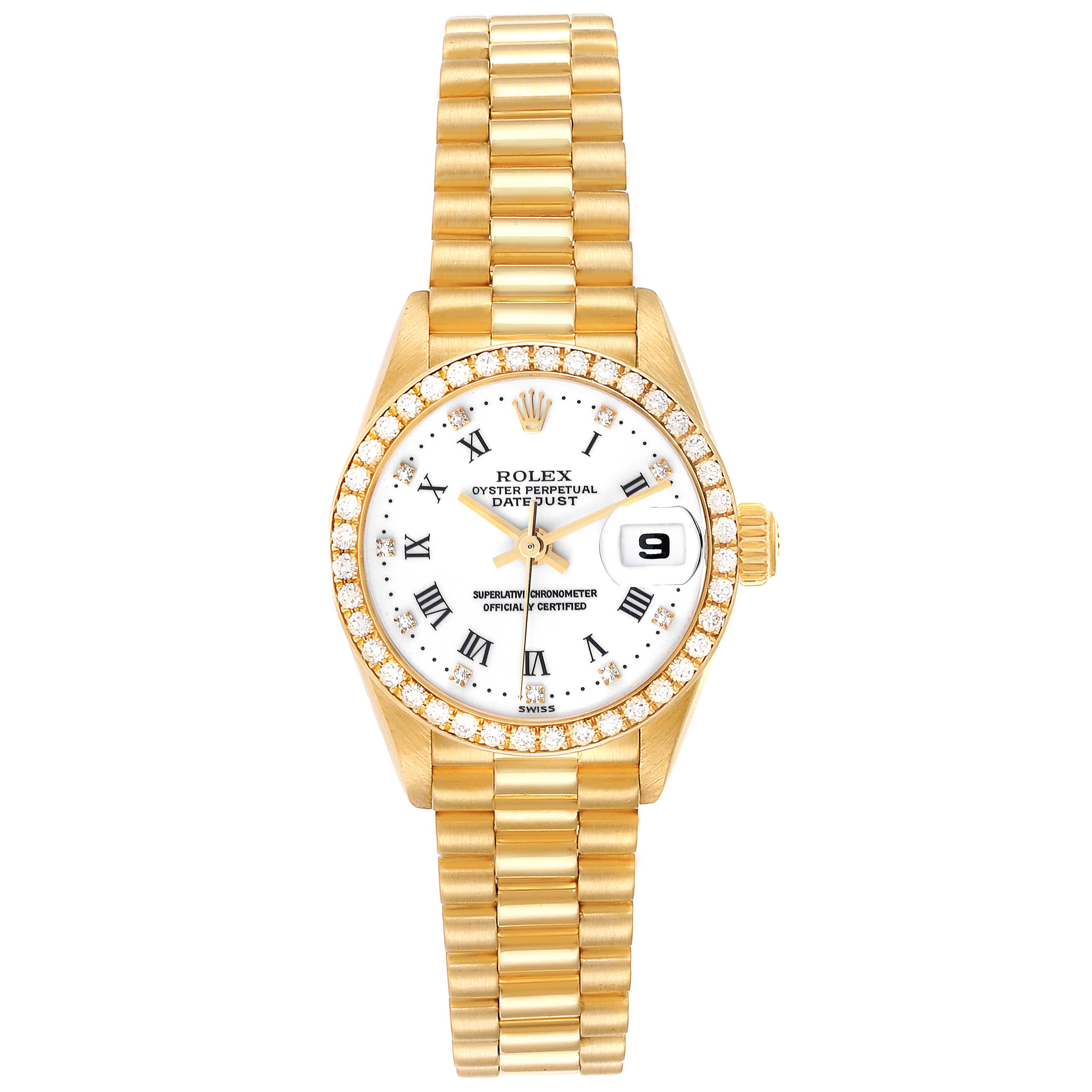 The Rolex President 79138 Women's Yellow Gold White Dial 79138 Women's Yellow Gold White Dial model is shown from the front, highlighting its gold bracelet, white dial, diamond bezel, and date window.