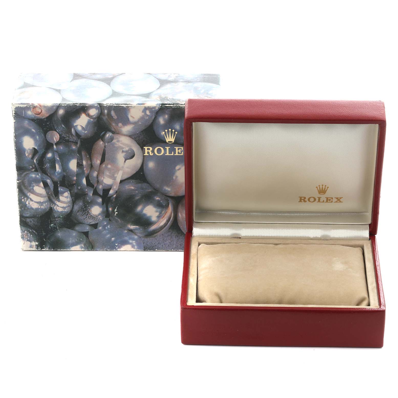 The image shows an open red box with the Rolex logo, likely for the Rolex President 79138 Women's Yellow Gold White Dial 79138 Women's Yellow Gold White Dial model, next to its branded outer box.