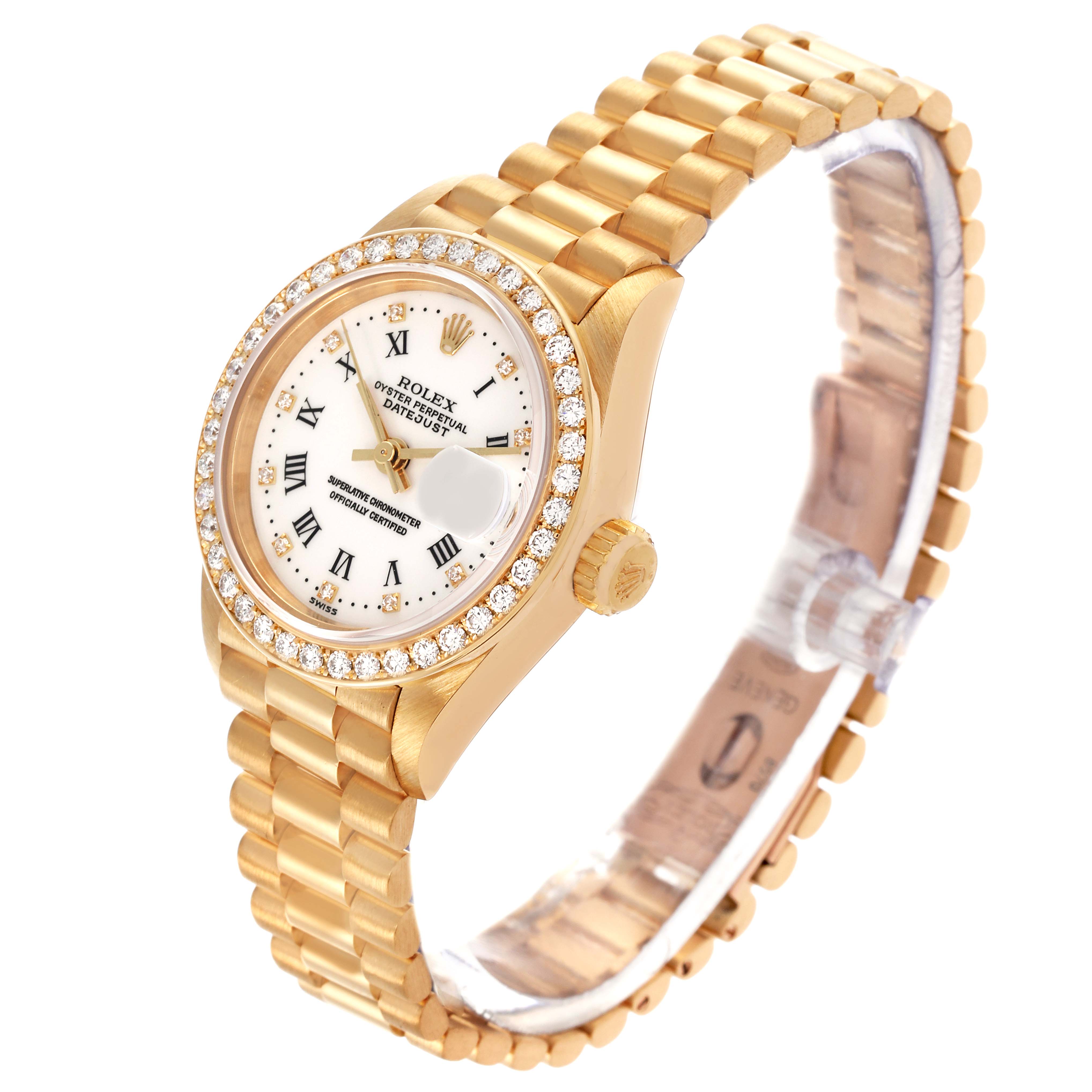The Rolex President 79138 Women's Yellow Gold White Dial 79138 Women's Yellow Gold White Dial model watch is shown at a three-quarter angle, highlighting the face, bezel, and bracelet.