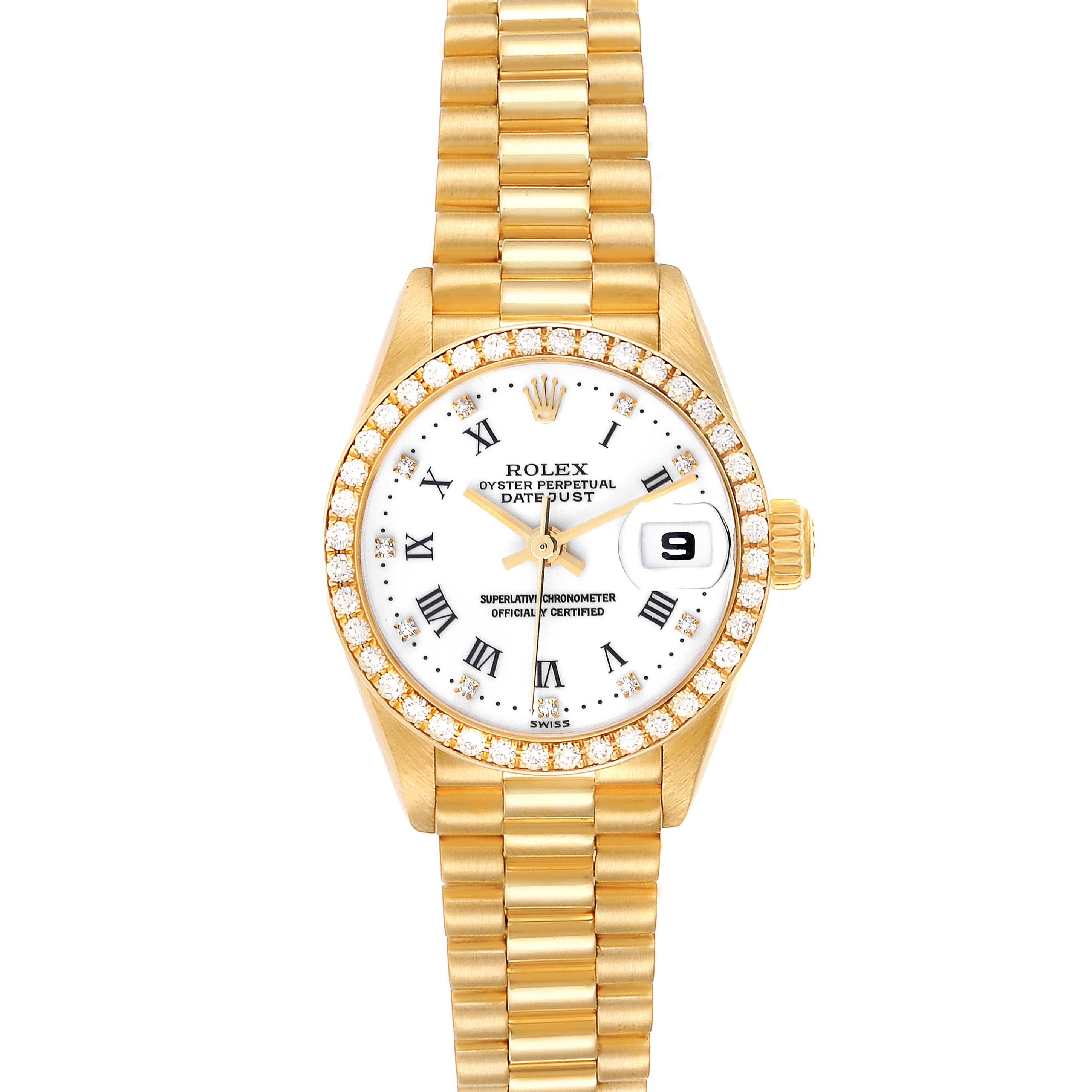The Rolex President 79138 Women's Yellow Gold White Dial 79138 Women's Yellow Gold White Dial model watch is shown in a top-down view, displaying its face, bezel, band, and side crown.