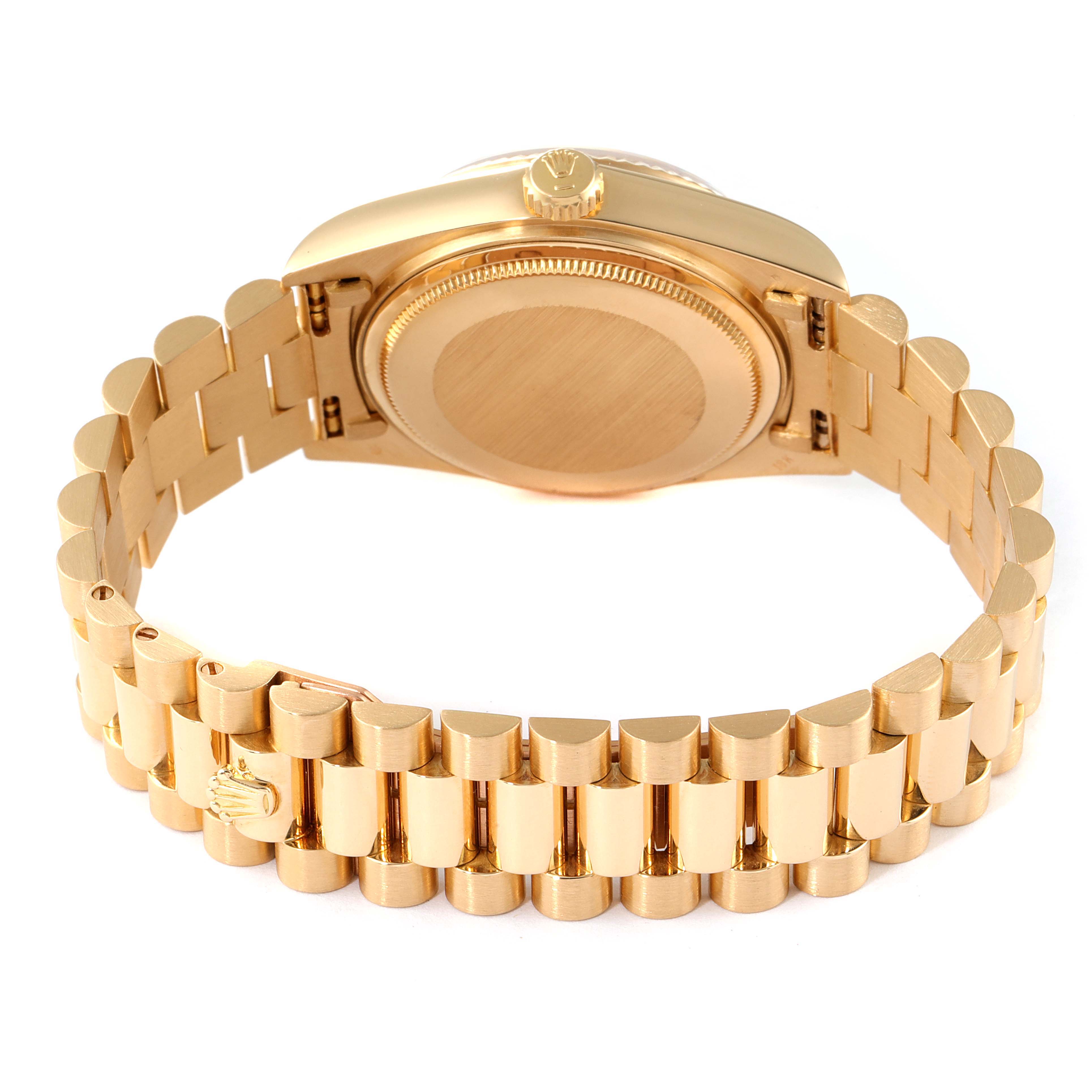 The image shows the back of the Rolex President 18038 Men
s Yellow Gold Champagne Dial 18038 Men
s Yellow Gold Champagne Dial model watch, including the case back and bracelet from a rear angle.