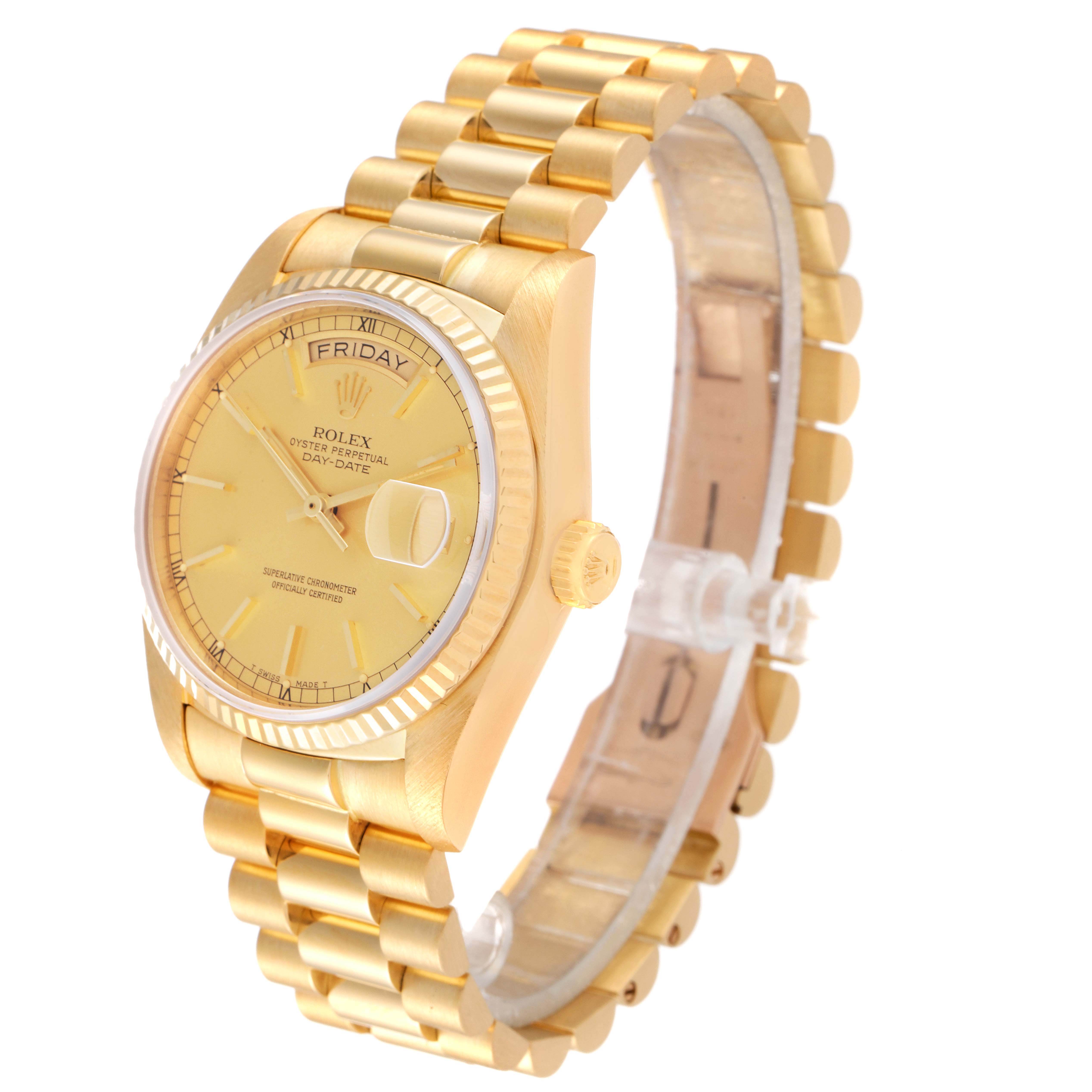 The Rolex President 18038 Men
s Yellow Gold Champagne Dial 18038 Men
s Yellow Gold Champagne Dial model is shown at a three-quarter angle featuring the dial, crown, and bracelet.