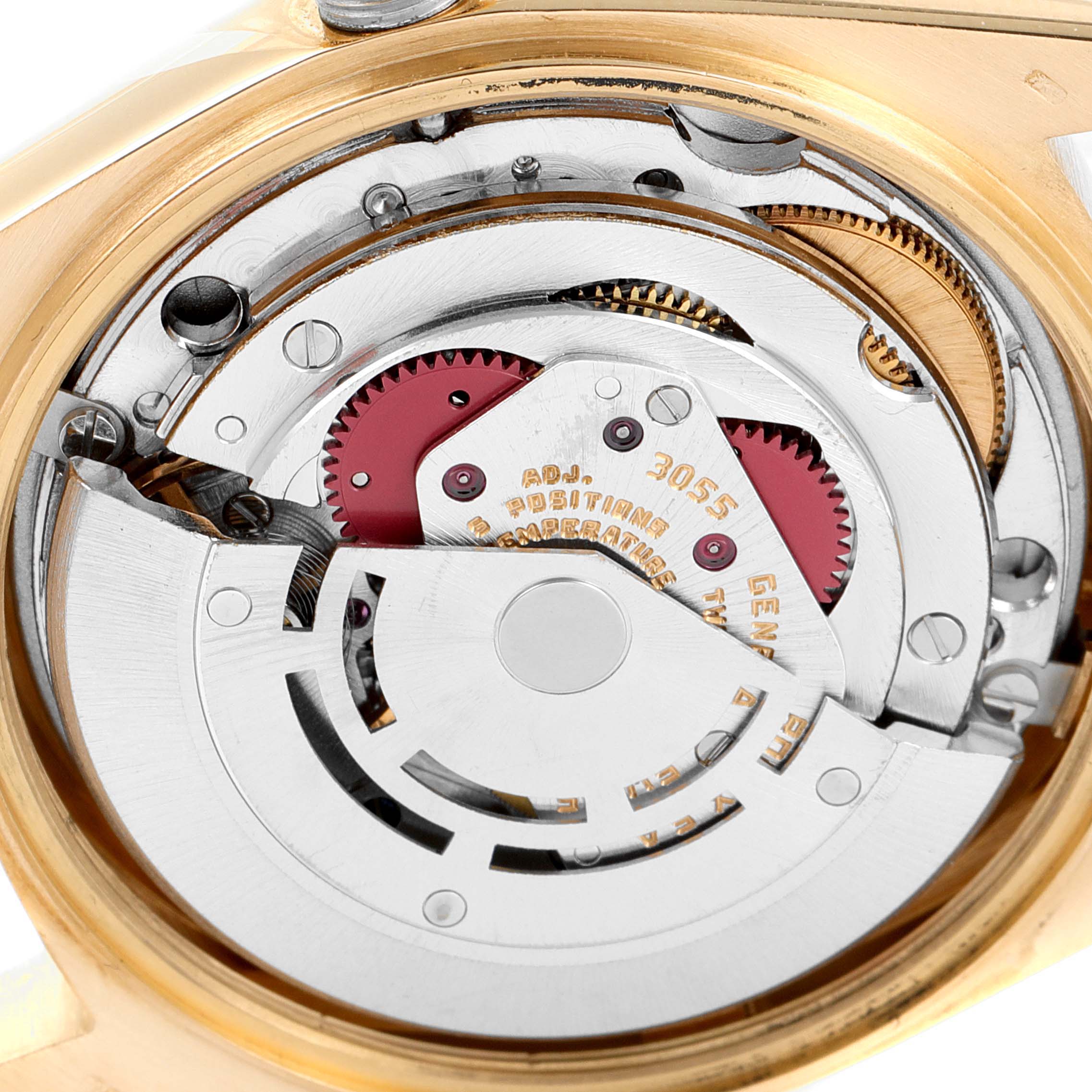 This image shows a close-up of the movement mechanism of a Rolex President 18038 Men
s Yellow Gold Champagne Dial 18038 Men
s Yellow Gold Champagne Dial model watch.