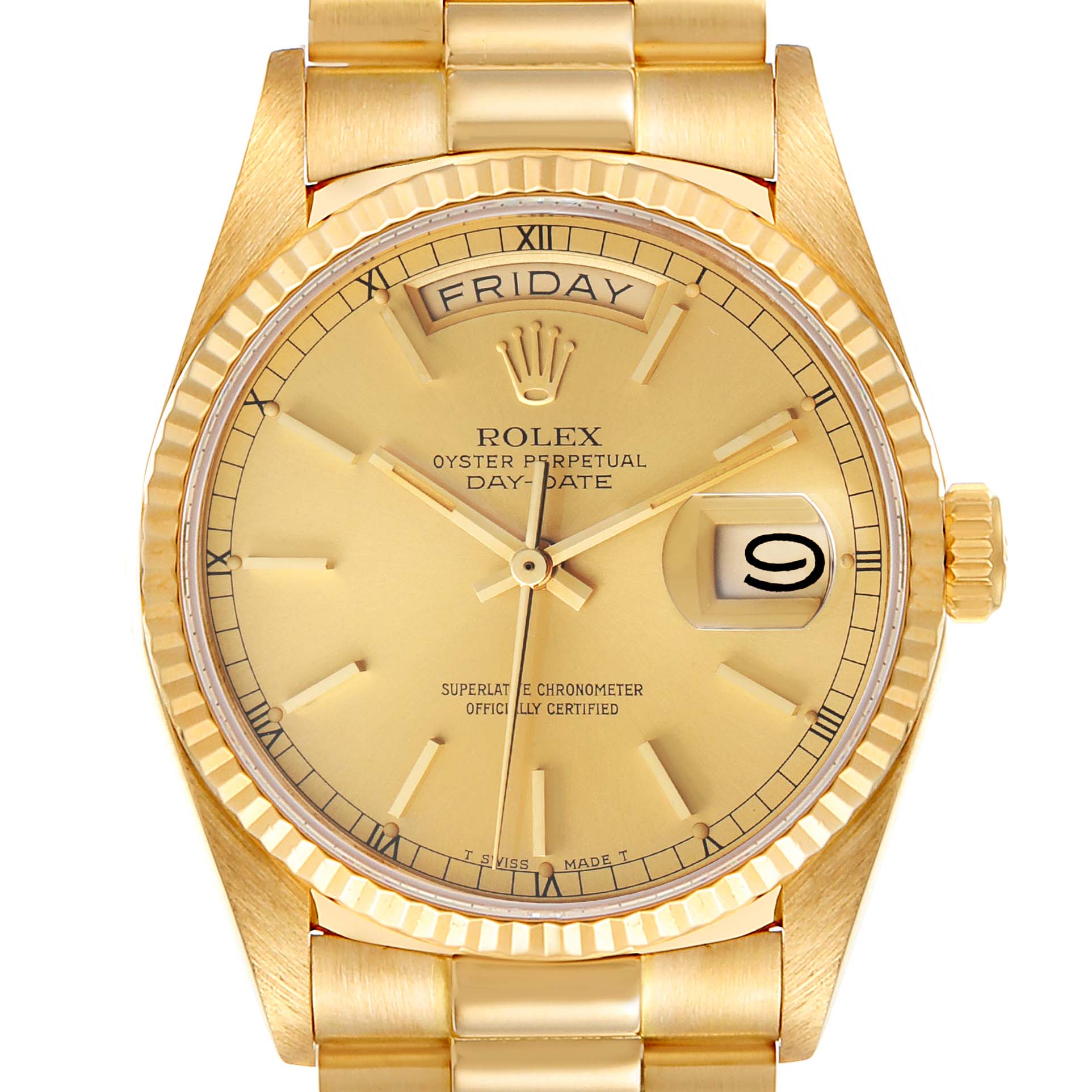 The image shows a front view of the Rolex President 18038 Men
s Yellow Gold Champagne Dial 18038 Men
s Yellow Gold Champagne Dial model watch, featuring the face, bezel, and part of the bracelet.