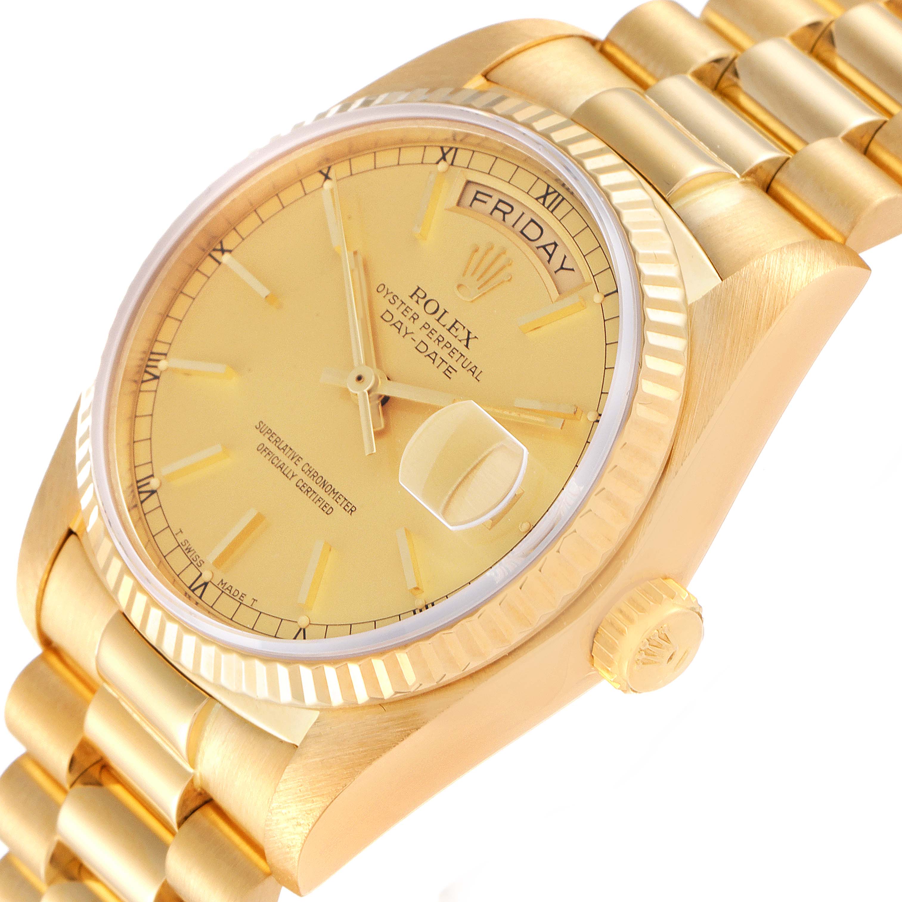 The image shows a close-up of a Rolex President 18038 Men
s Yellow Gold Champagne Dial 18038 Men
s Yellow Gold Champagne Dial model watch, capturing the dial, crown, and part of the bracelet at an angle.