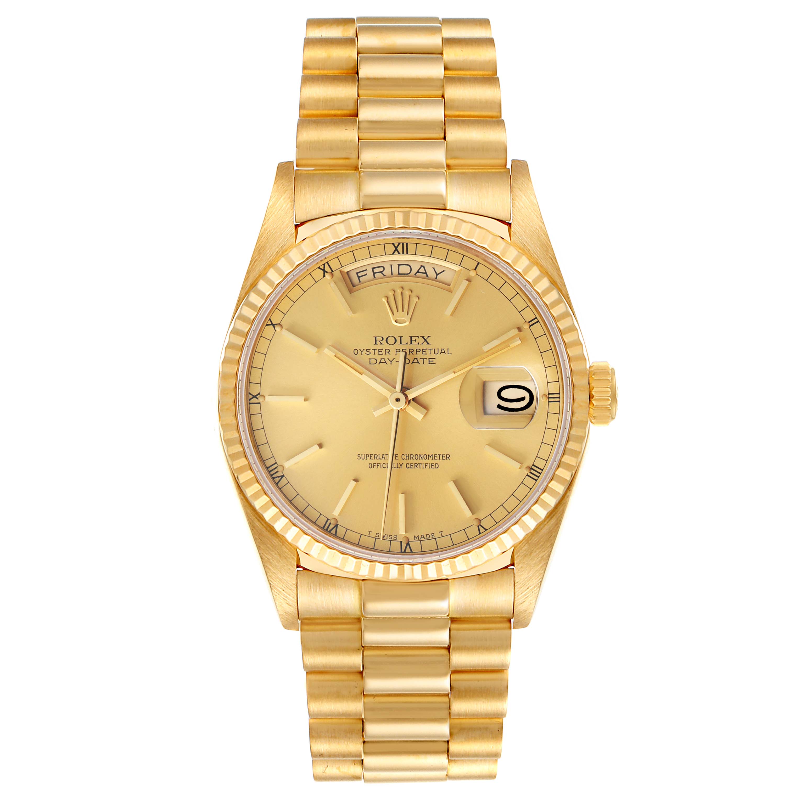 This image shows a front view of the Rolex President 18038 Men
s Yellow Gold Champagne Dial 18038 Men
s Yellow Gold Champagne Dial model, depicting the watch face, bracelet, and crown.