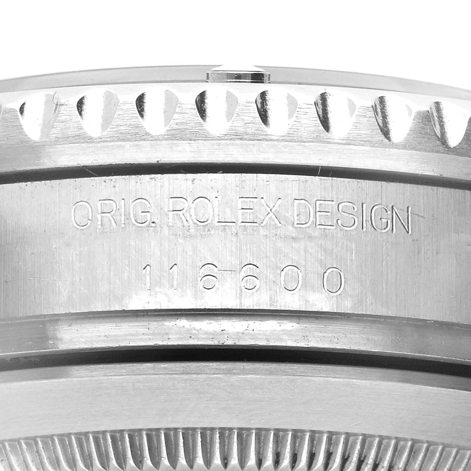 The image shows a close-up of the bezel and engraved side of a Rolex Sea-Dweller 116600 Men's Stainless Steel Black Dial 116600 Men's Stainless Steel Black Dial, focusing on the model number 16600.