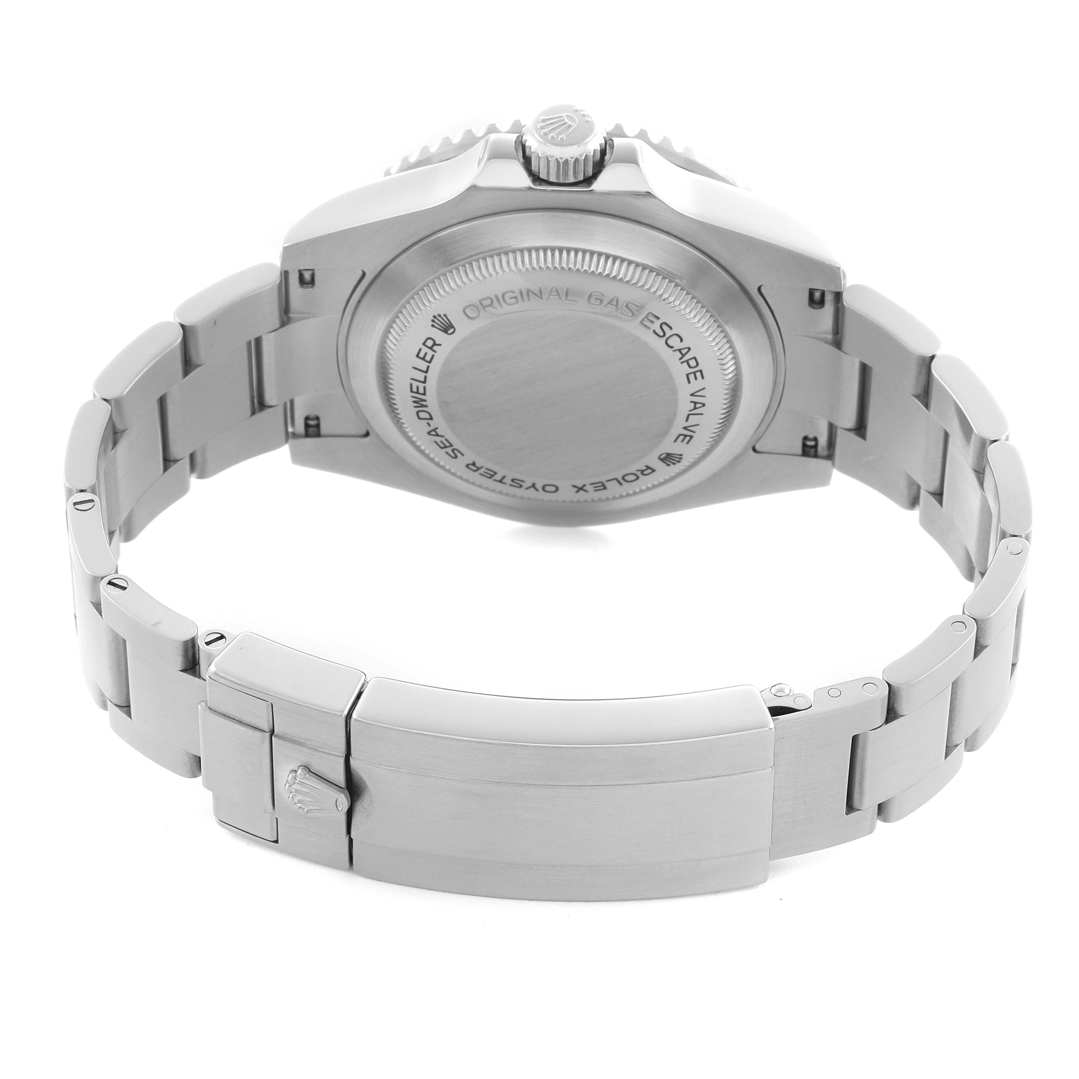 The image shows the back case and clasp of a Rolex Sea-Dweller 116600 Men's Stainless Steel Black Dial 116600 Men's Stainless Steel Black Dial watch from a rear angle.