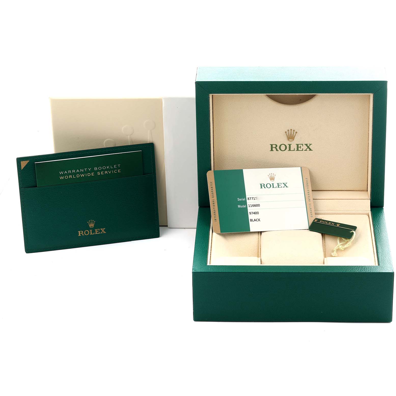 The image shows the packaging and warranty booklet for a Rolex Sea-Dweller 116600 Men's Stainless Steel Black Dial 116600 Men's Stainless Steel Black Dial, including the box and a card with serial and model numbers.