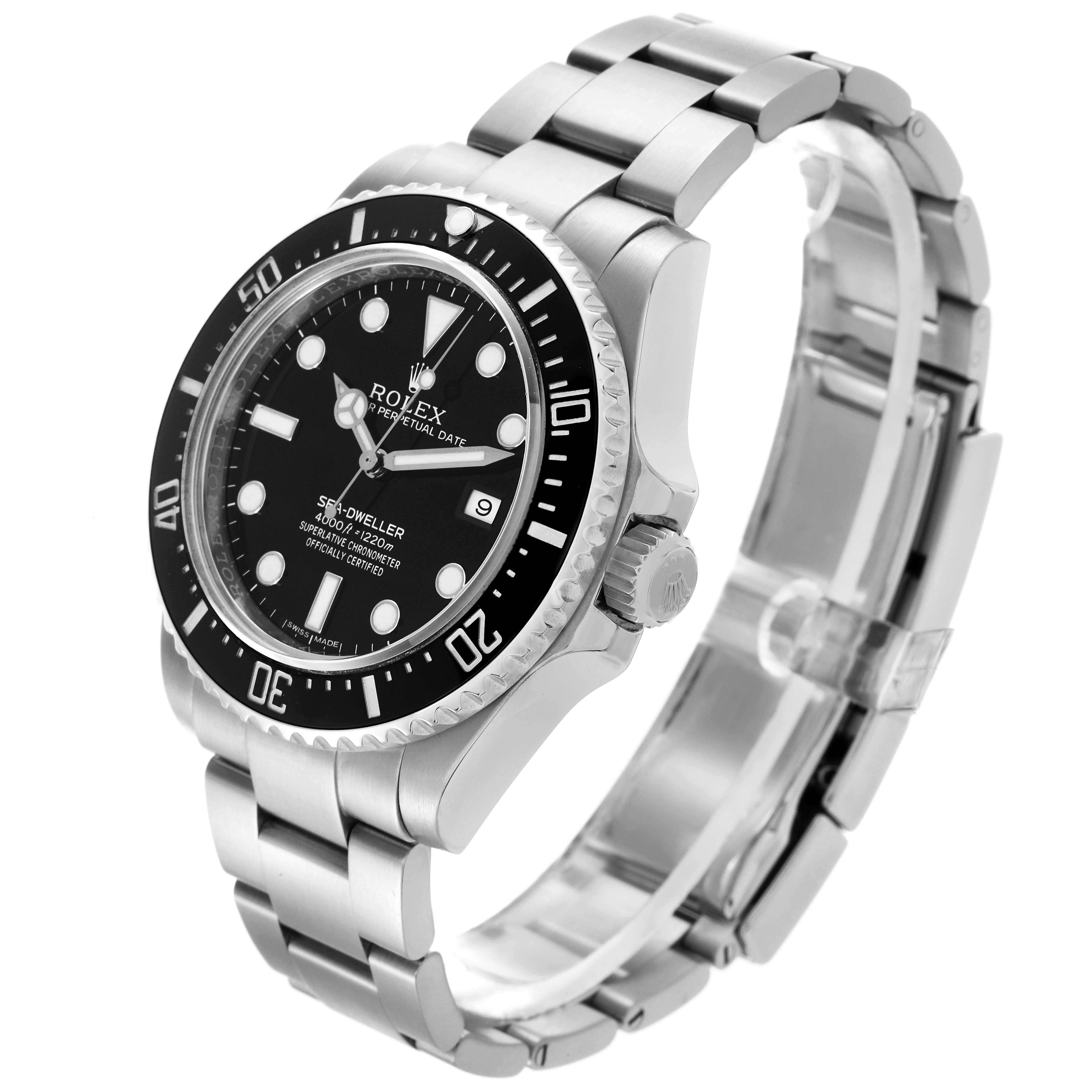 The Rolex Sea-Dweller 116600 Men's Stainless Steel Black Dial 116600 Men's Stainless Steel Black Dial watch is shown at a three-quarter angle, highlighting the dial, bezel, crown, and bracelet.