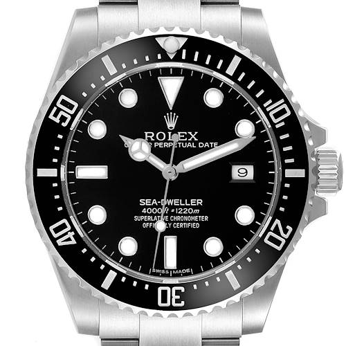 The image shows a front view of the Rolex Sea-Dweller, highlighting the dial, hands, bezel, and date window.