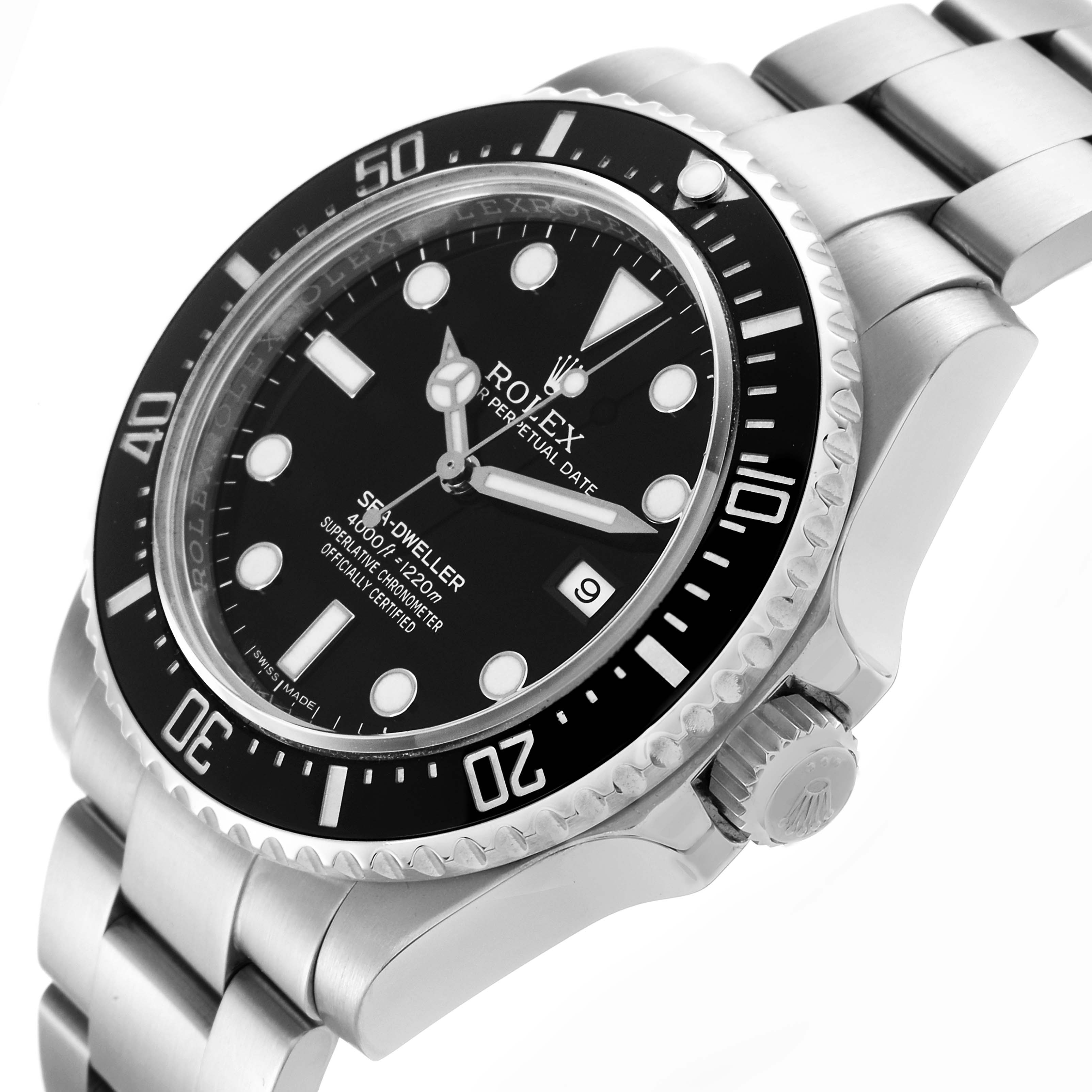The Rolex Sea-Dweller 116600 Men's Stainless Steel Black Dial 116600 Men's Stainless Steel Black Dial watch is shown at an angled close-up view, highlighting the dial, bezel, crown, and part of the bracelet.