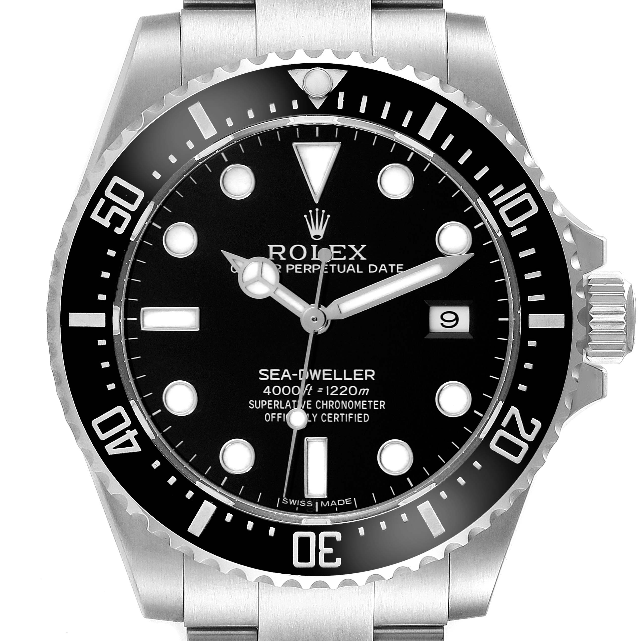 The Rolex Sea-Dweller 116600 Men's Stainless Steel Black Dial 116600 Men's Stainless Steel Black Dial watch is shown from the front, displaying the dial, bezel, crown, and part of the bracelet.