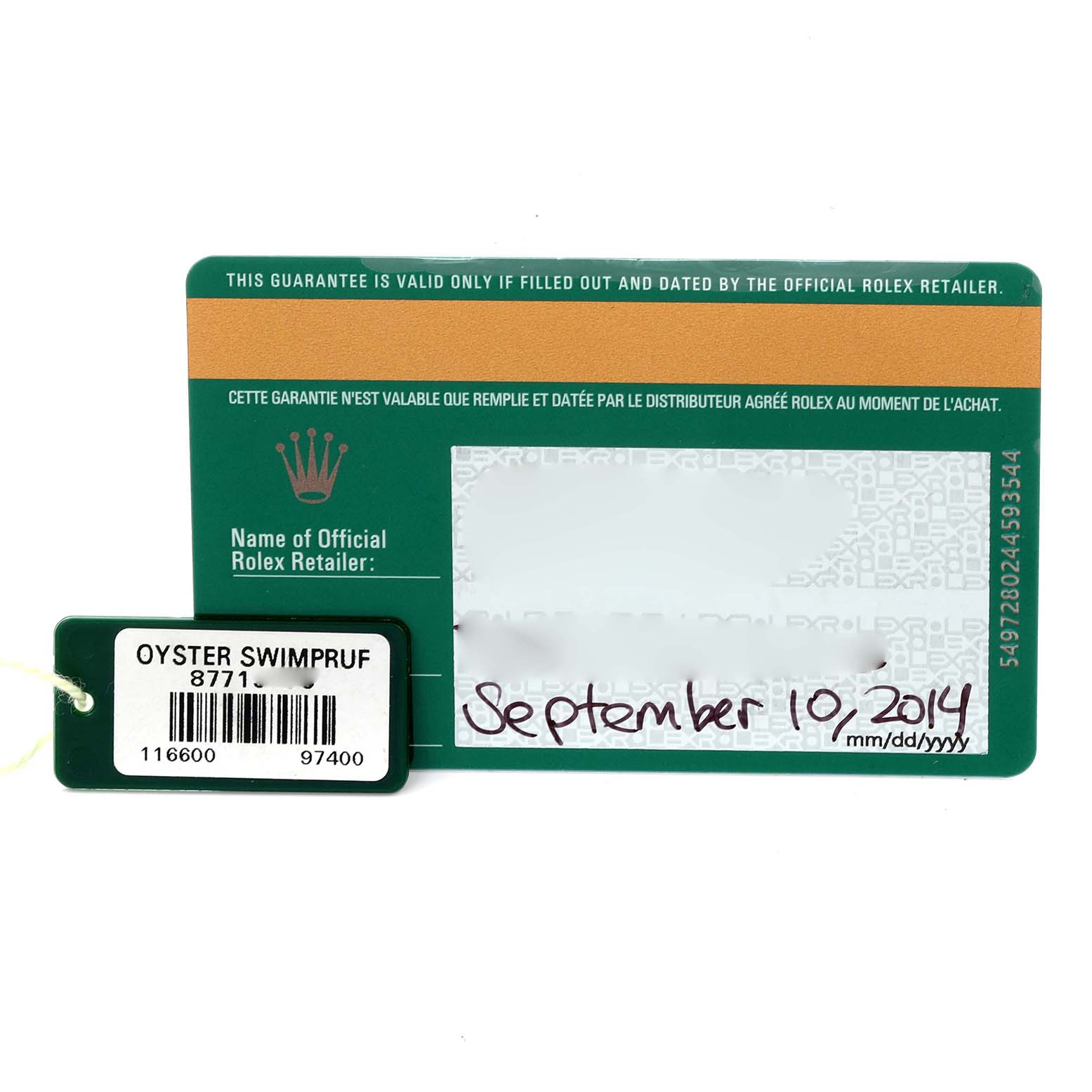 The image shows a Rolex Sea-Dweller 116600 Men's Stainless Steel Black Dial 116600 Men's Stainless Steel Black Dial warranty card and hang tag, displaying the date and product details.