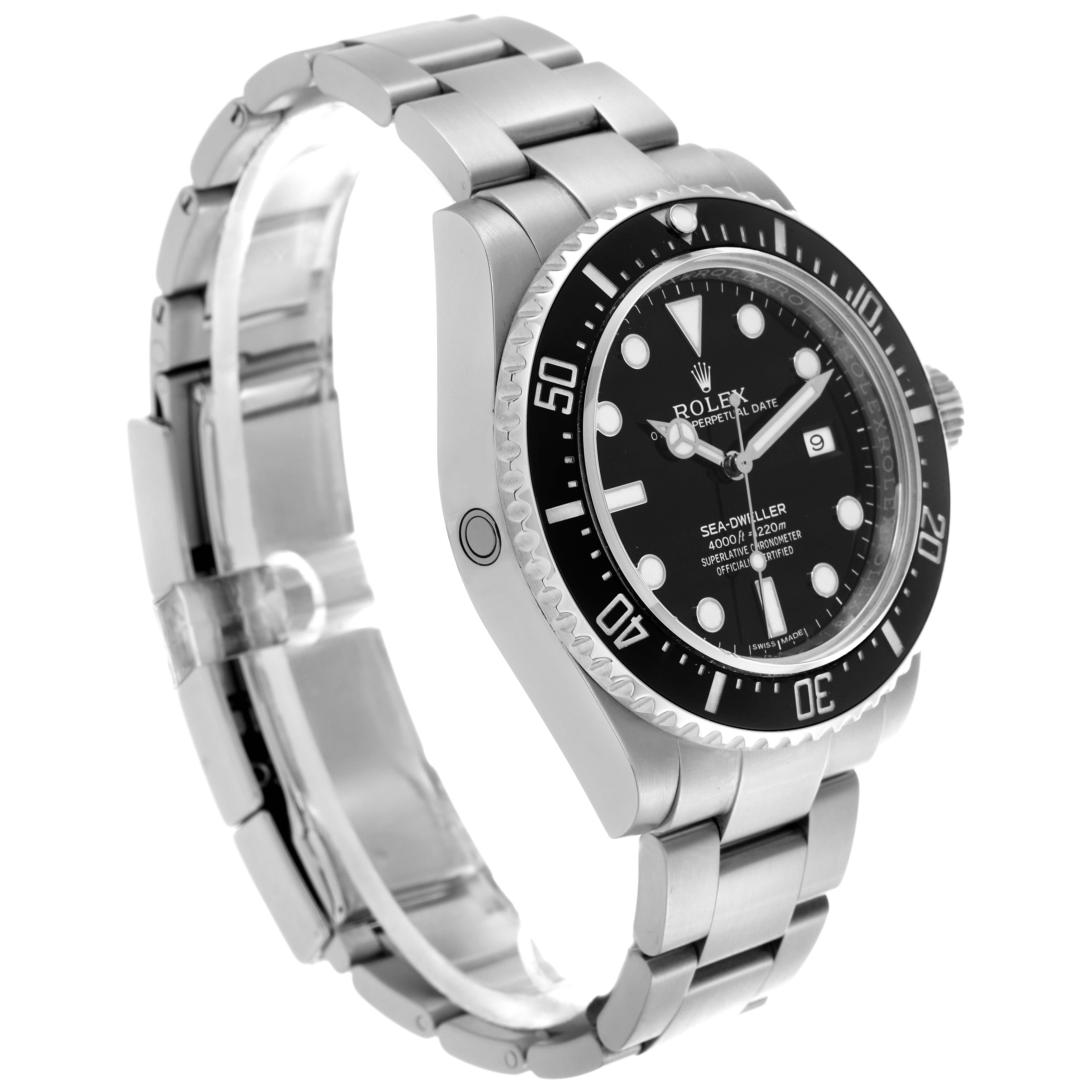 The Rolex Sea-Dweller 116600 Men's Stainless Steel Black Dial 116600 Men's Stainless Steel Black Dial watch is shown at a slight angle, highlighting the face, bezel, and bracelet.
