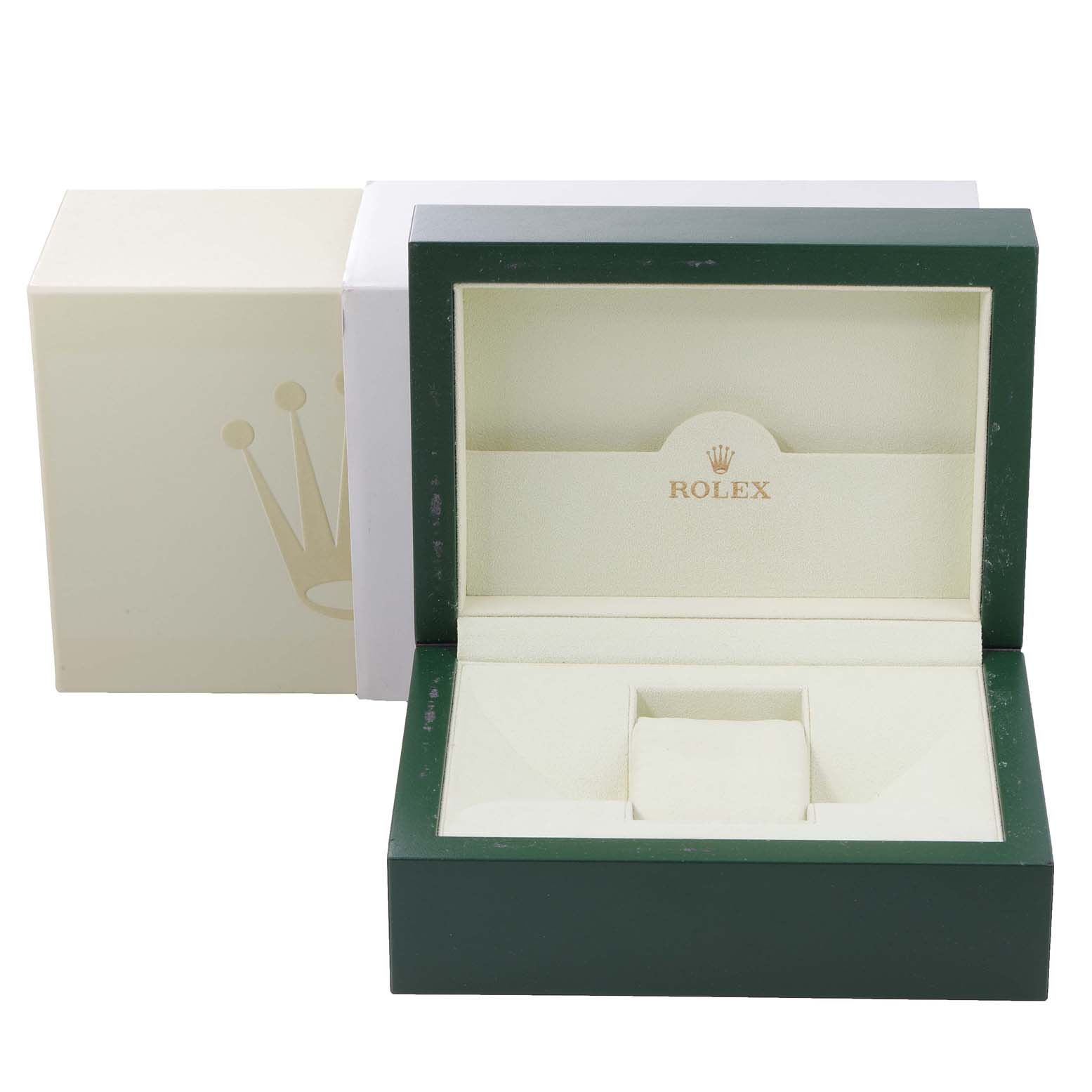 The image shows an open and empty Rolex Submariner 14060 Men
s Stainless Steel Black Dial 14060 Men
s Stainless Steel Black Dial watch box, featuring green and cream colors with the Rolex logo inside.