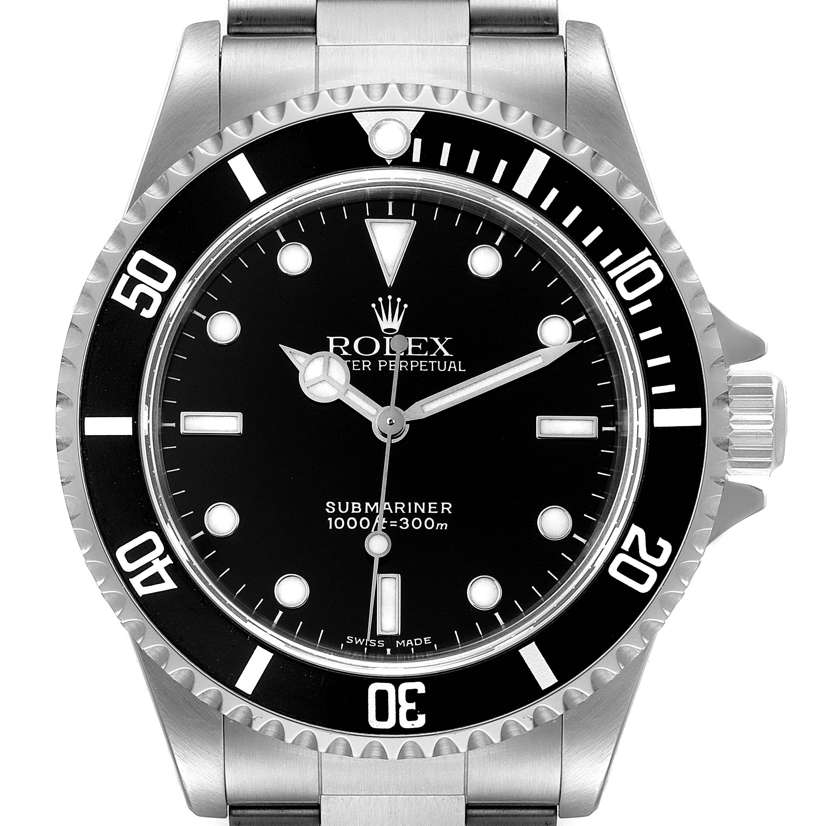 The image shows a front view of a Rolex Submariner 14060 Men
s Stainless Steel Black Dial 14060 Men
s Stainless Steel Black Dial watch, displaying its dial, bezel, and part of the stainless steel bracelet.