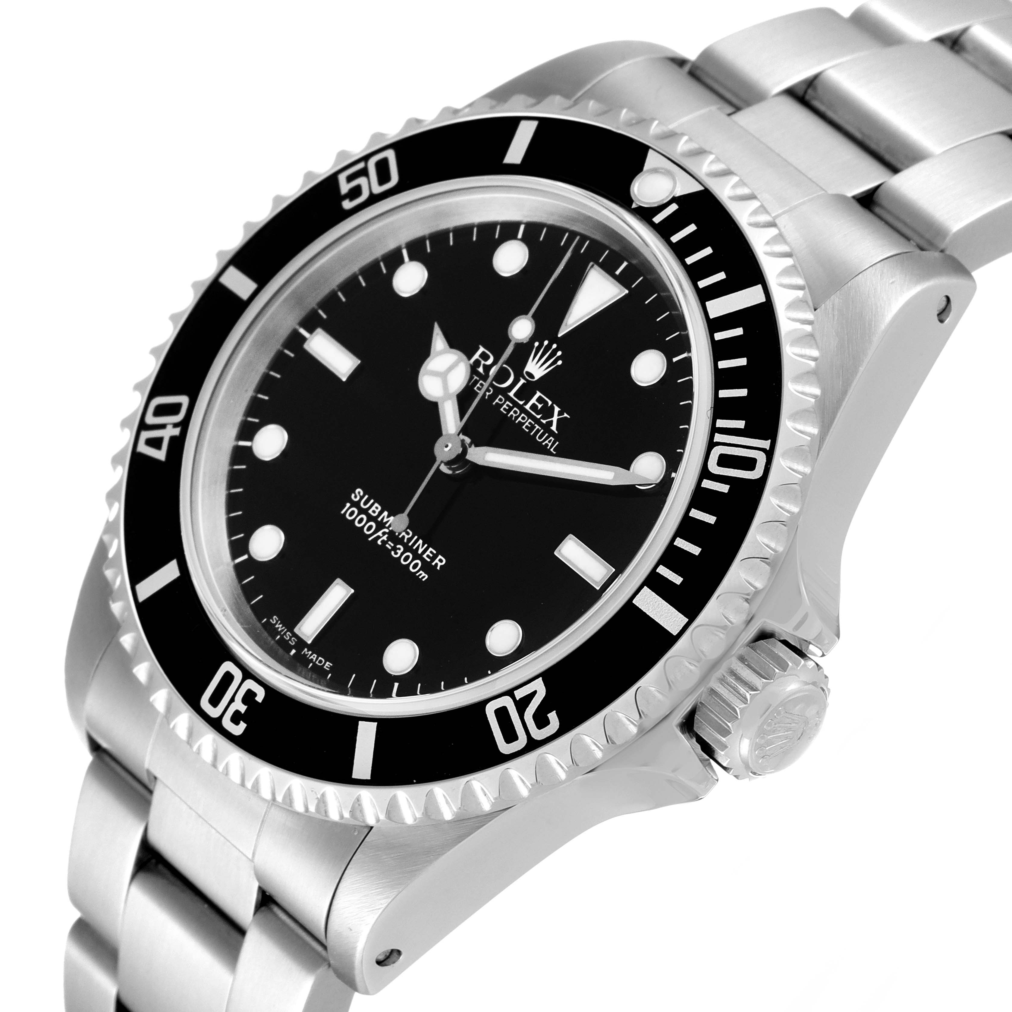 This image shows a Rolex Submariner 14060 Men
s Stainless Steel Black Dial 14060 Men
s Stainless Steel Black Dial watch at a three-quarter angle, highlighting the bezel, dial, crown, and part of the bracelet.