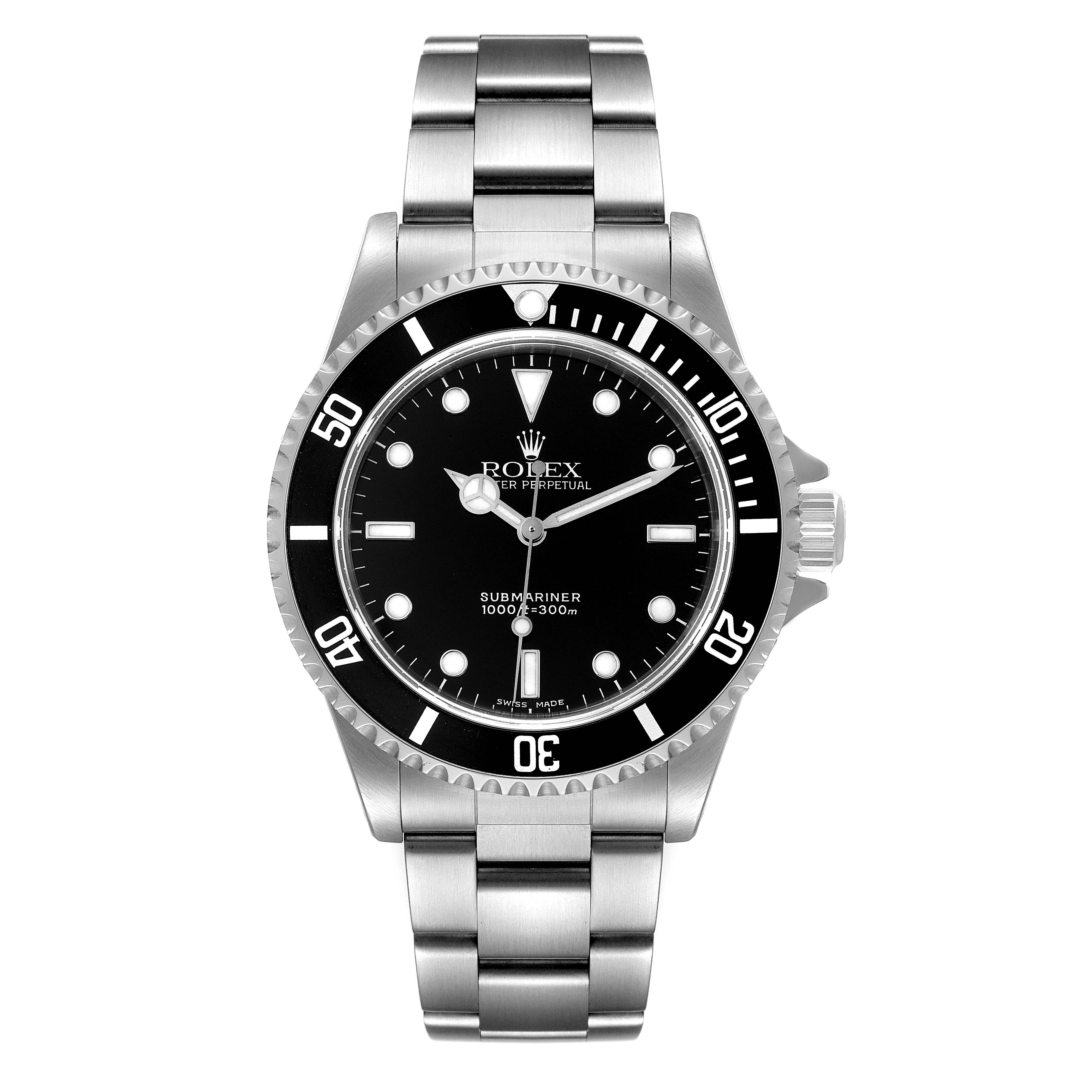This image shows the front view of a Rolex Submariner 14060 Men
s Stainless Steel Black Dial 14060 Men
s Stainless Steel Black Dial watch, highlighting its dial, bezel, and stainless steel bracelet.