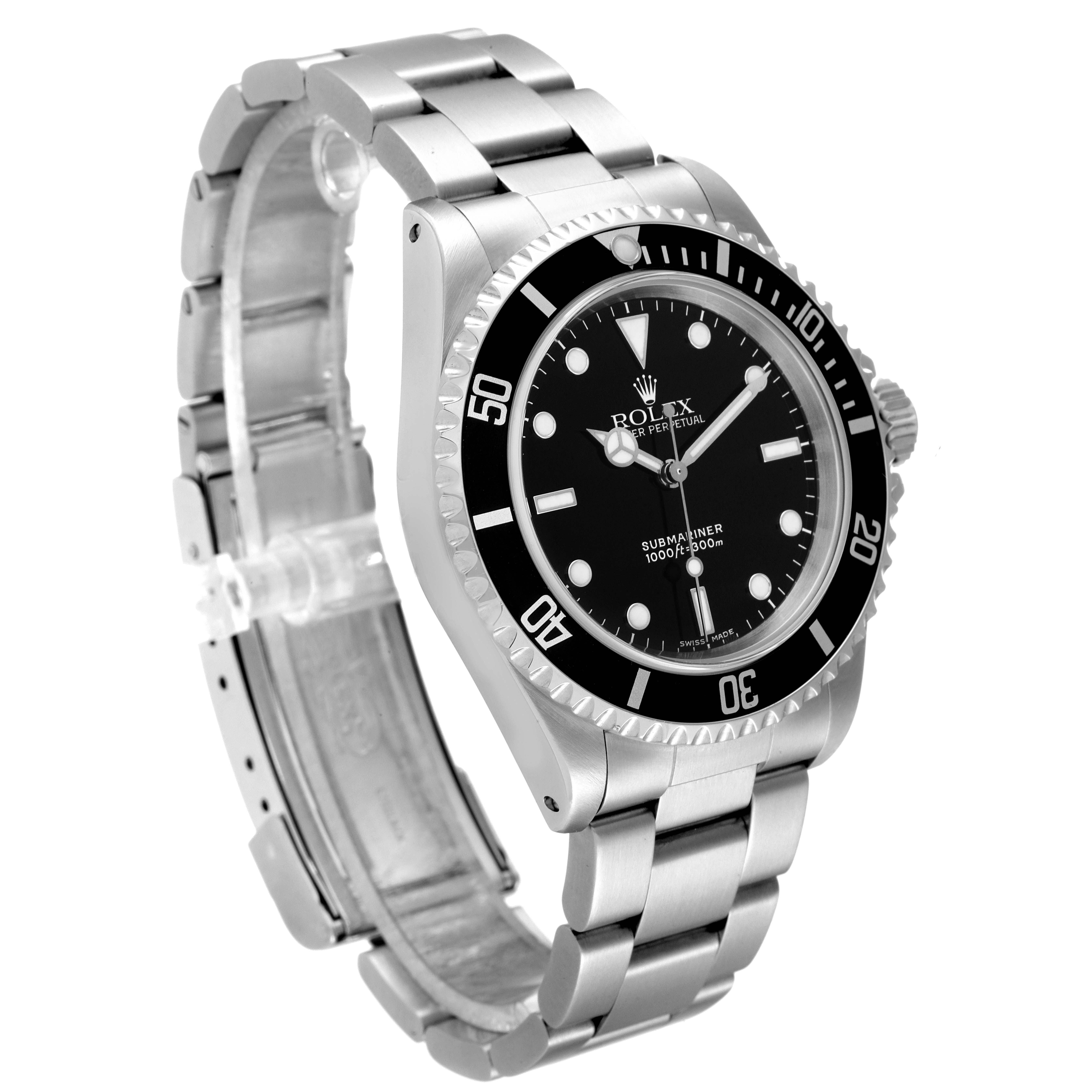 The image shows a side angle of a Rolex Submariner 14060 Men
s Stainless Steel Black Dial 14060 Men
s Stainless Steel Black Dial watch, highlighting its black dial, bezel, and metal bracelet.