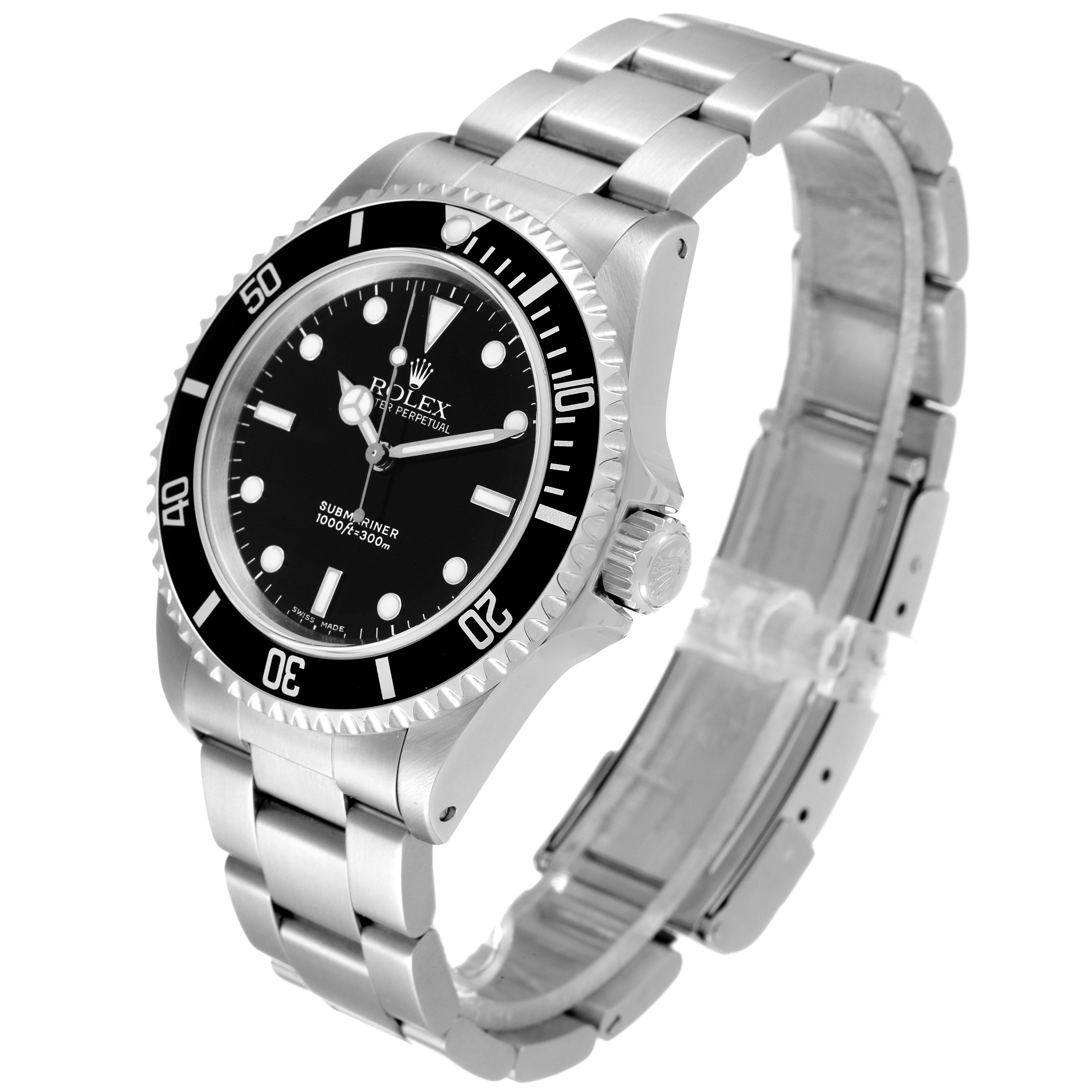 The image shows a Rolex Submariner 14060 Men
s Stainless Steel Black Dial 14060 Men
s Stainless Steel Black Dial watch at a three-quarter angle, highlighting the dial, bezel, bracelet, and crown.