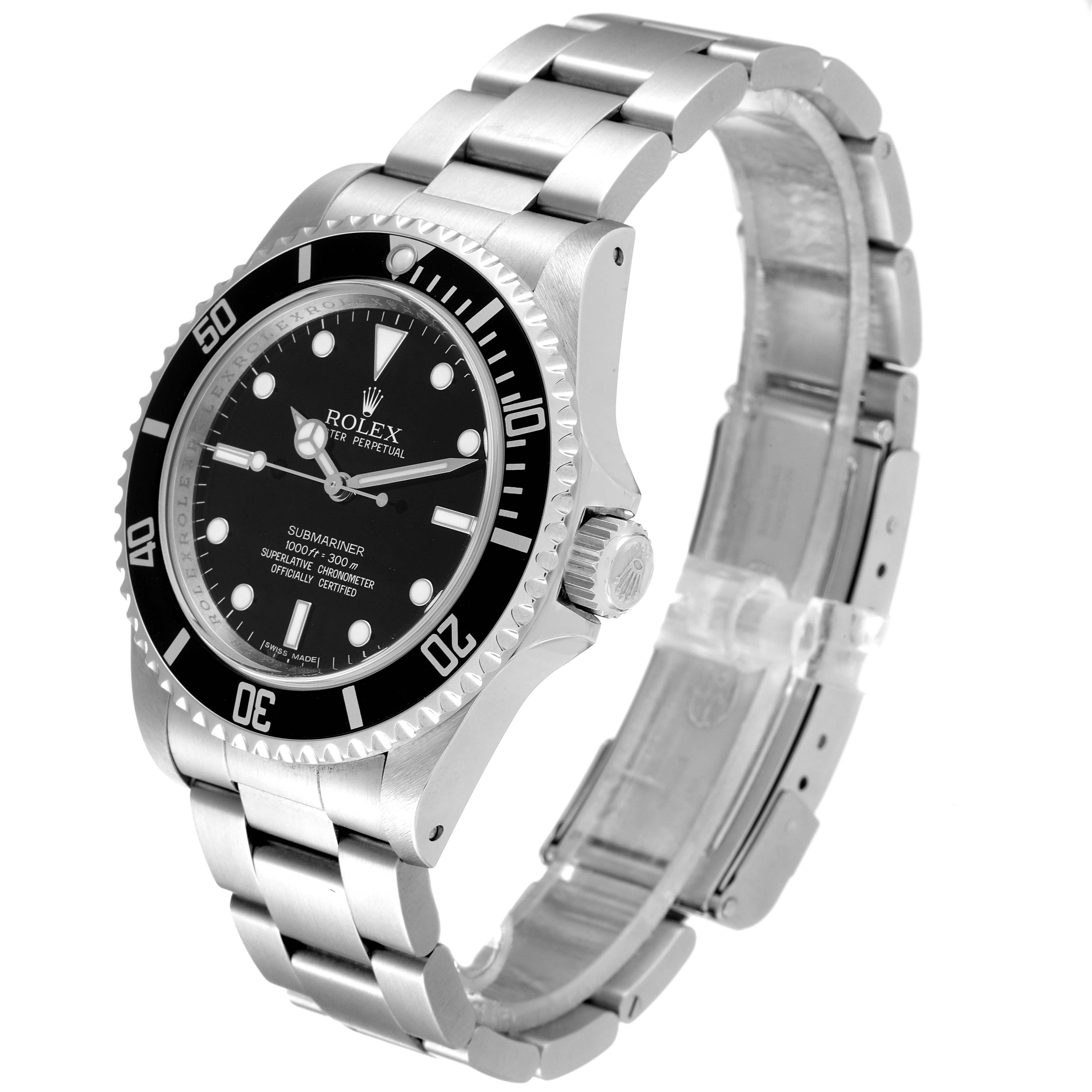 This image shows a side angle view of a Rolex Submariner 14060 Men
s Stainless Steel Black Dial 14060 Men
s Stainless Steel Black Dial watch, highlighting its face, bezel, and metal bracelet.