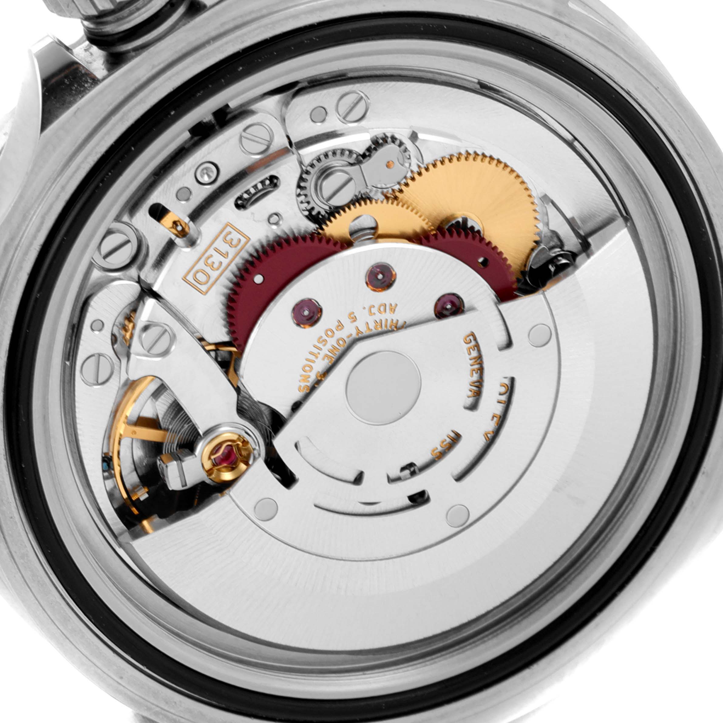 This image shows the internal mechanism and gears of a Rolex Submariner 14060 Men
s Stainless Steel Black Dial 14060 Men
s Stainless Steel Black Dial watch in a close-up view.