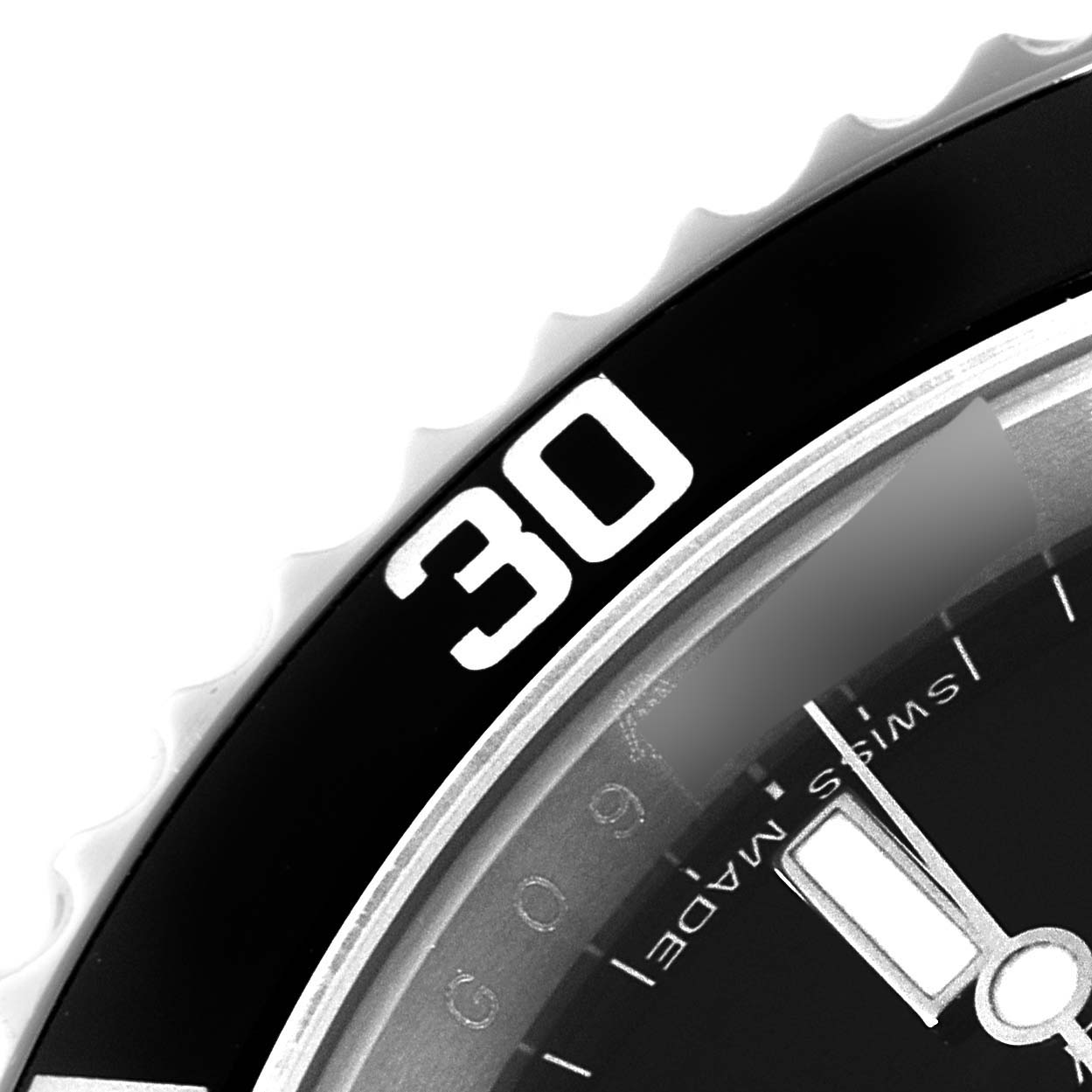 The image shows a close-up of the bezel and part of the dial of a Rolex Submariner 14060 Men
s Stainless Steel Black Dial 14060 Men
s Stainless Steel Black Dial watch.