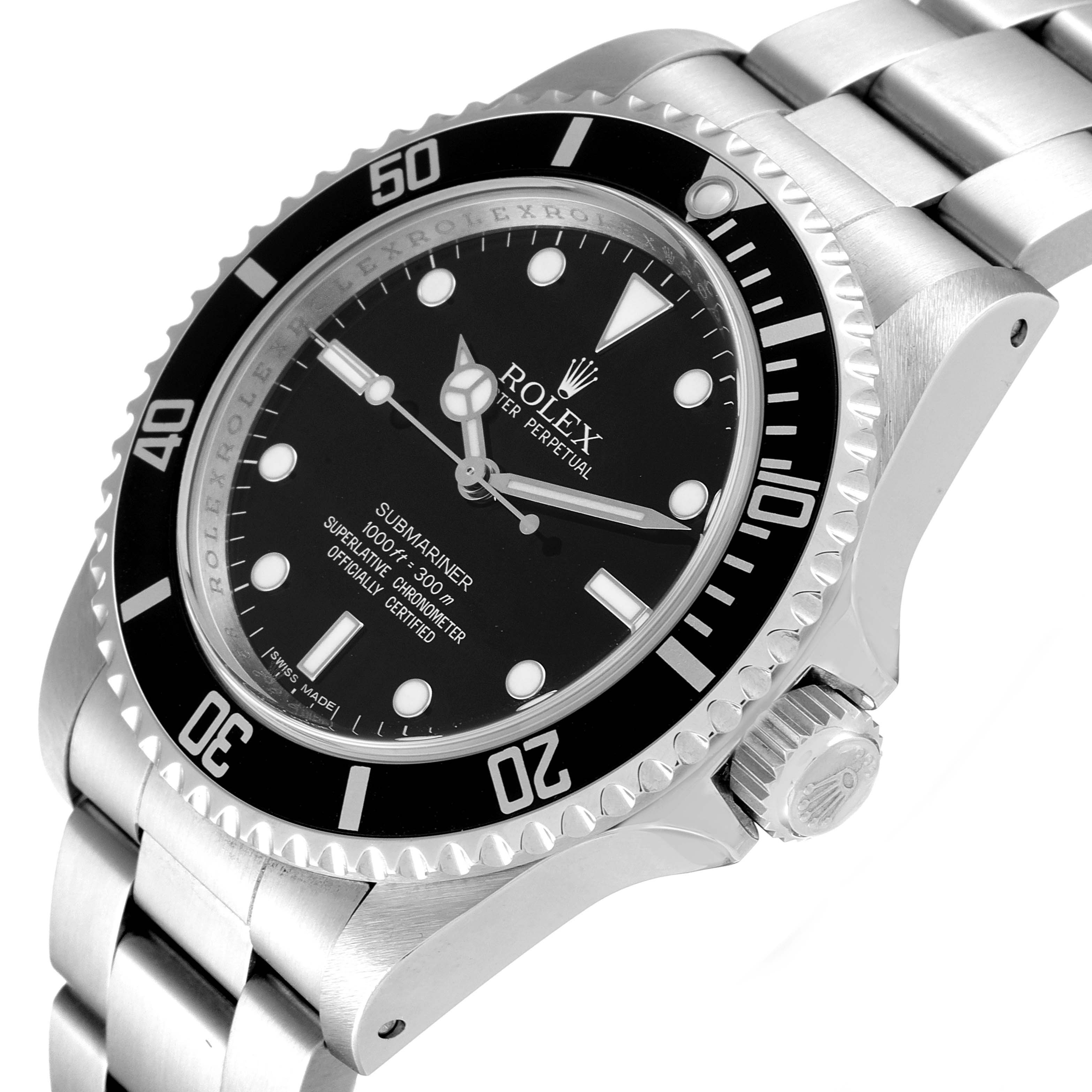 This image shows a Rolex Submariner 14060 Men
s Stainless Steel Black Dial 14060 Men
s Stainless Steel Black Dial watch angled slightly from the side, showcasing the dial, bezel, case, and bracelet.