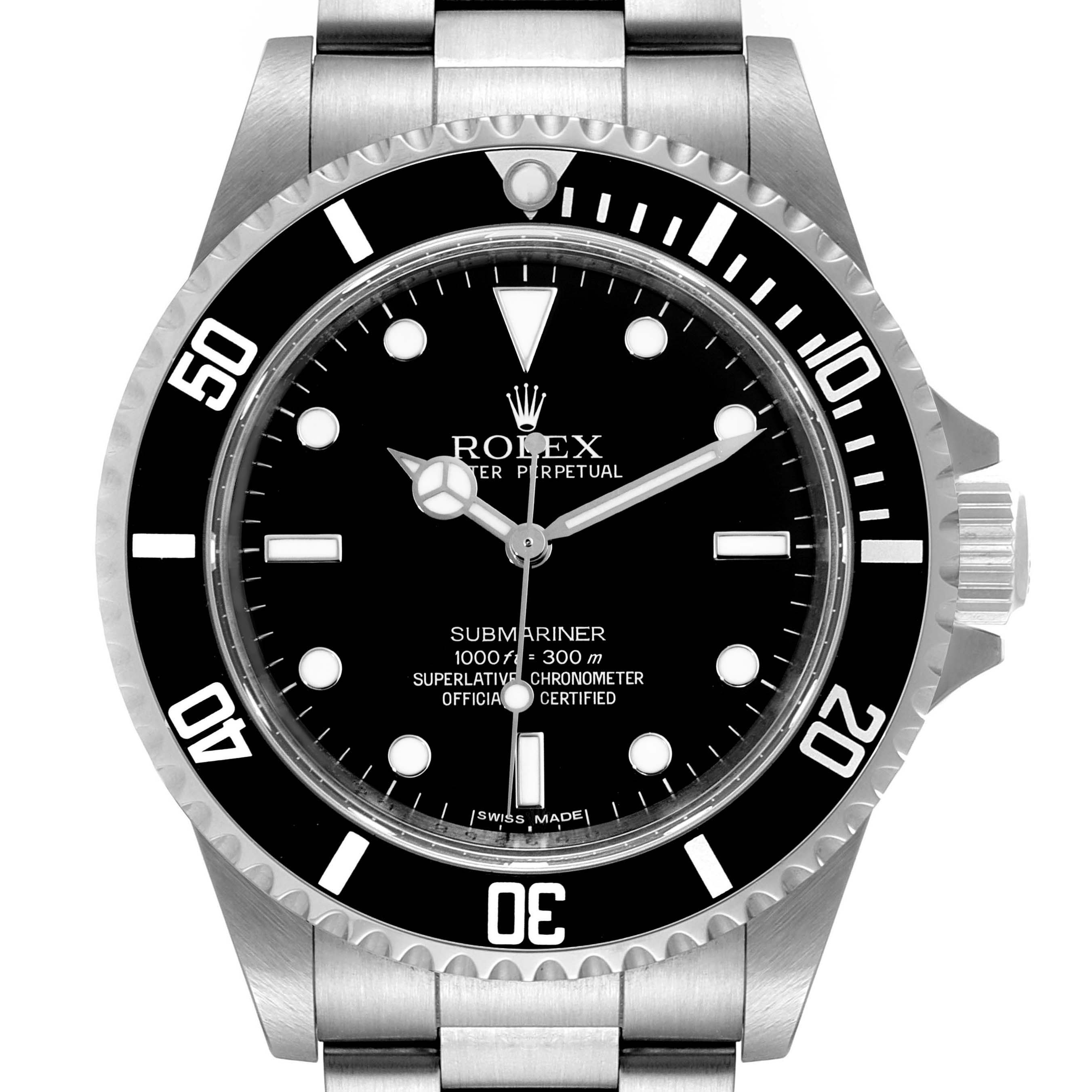 This image shows a front view of the Rolex Submariner 14060 Men
s Stainless Steel Black Dial 14060 Men
s Stainless Steel Black Dial watch, highlighting its dial, bezel, and part of the bracelet.