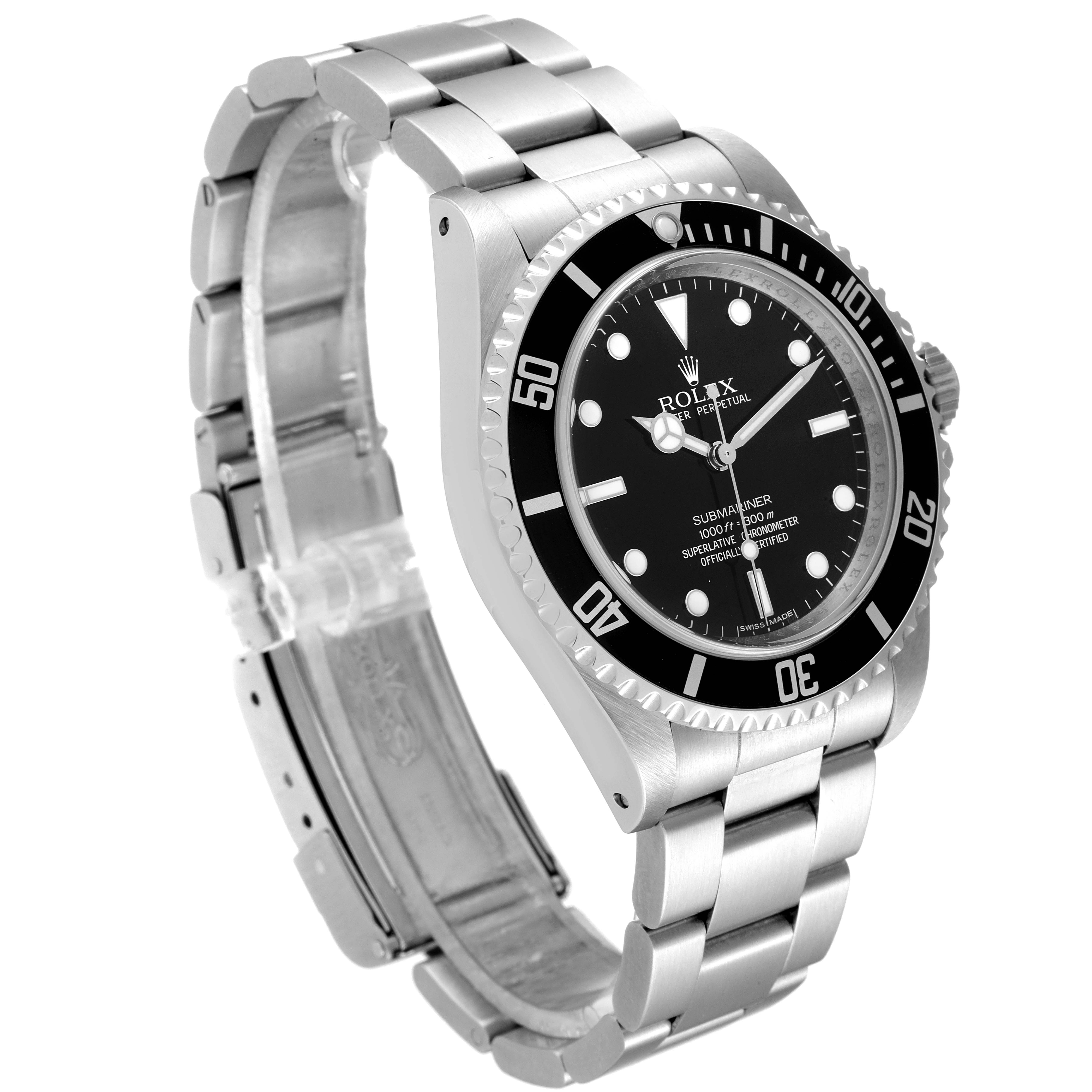 The image shows a Rolex Submariner 14060 Men
s Stainless Steel Black Dial 14060 Men
s Stainless Steel Black Dial watch from a side angle, highlighting the bracelet, case, and face.