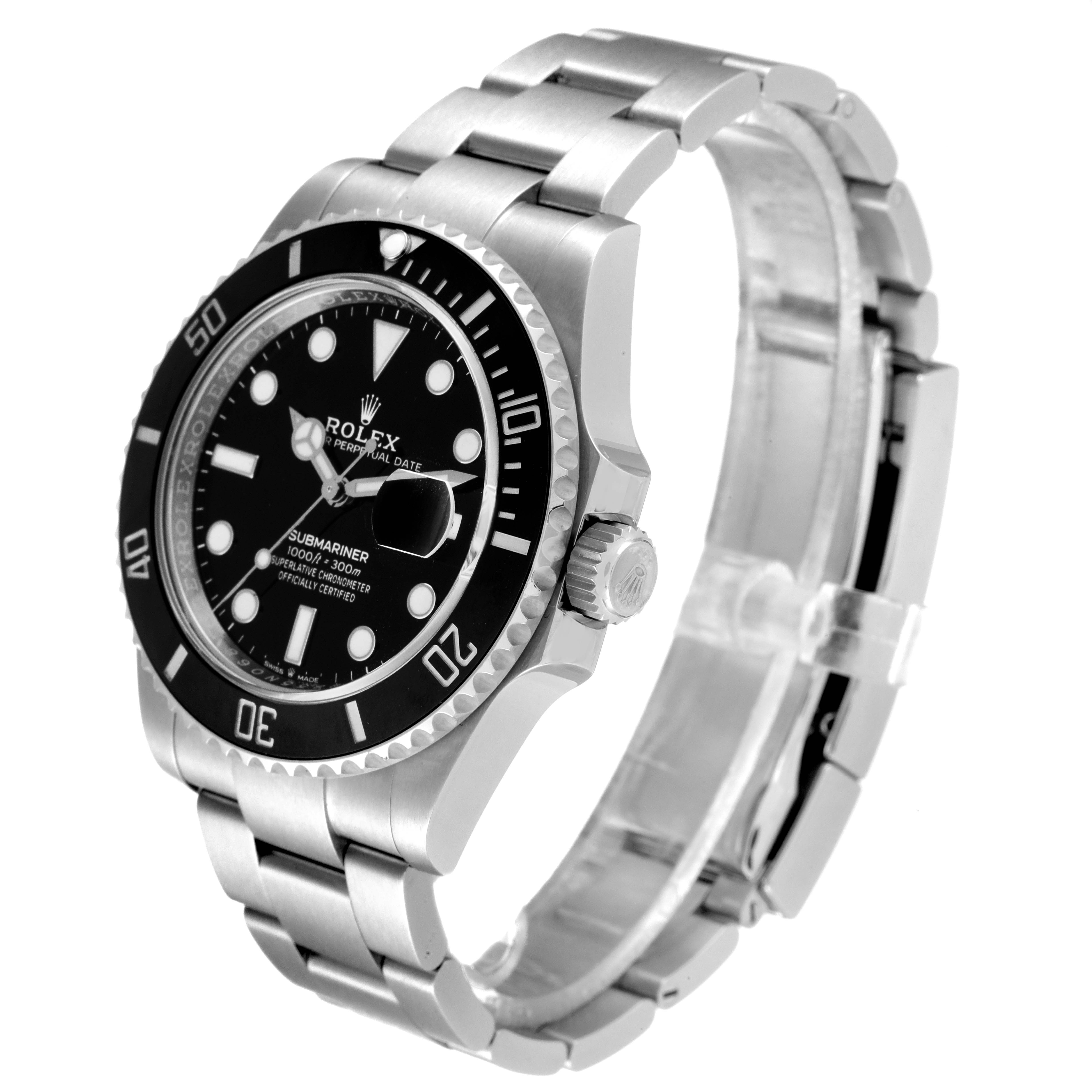 The image shows a Rolex Submariner 126610 Men's Stainless Steel Black Dial 126610 Men's Stainless Steel Black Dial watch angled to display its face, bezel, crown, and stainless steel bracelet.