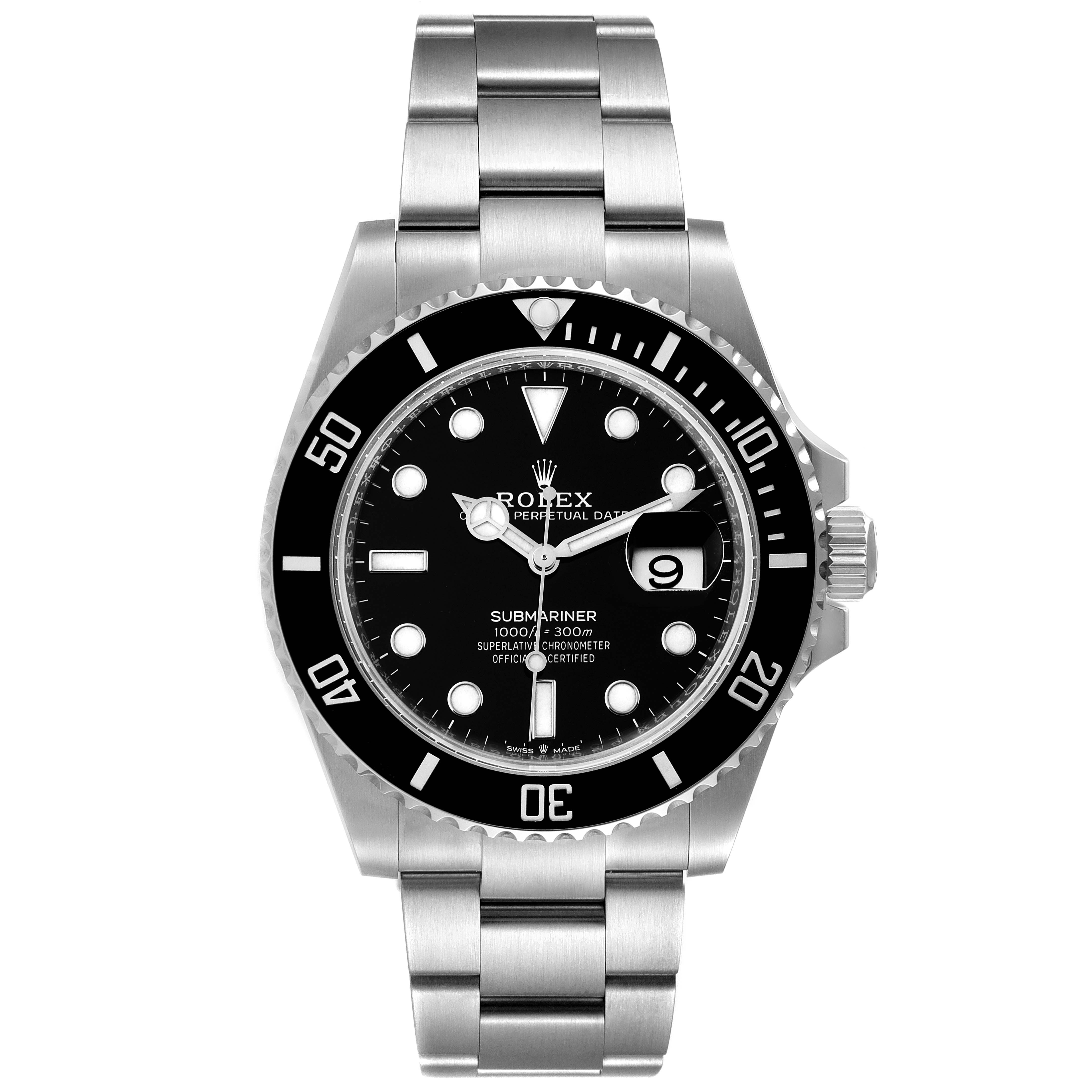 This is a front view of a Rolex Submariner 126610 Men's Stainless Steel Black Dial 126610 Men's Stainless Steel Black Dial watch showing the dial, bezel, bracelet, and crown.