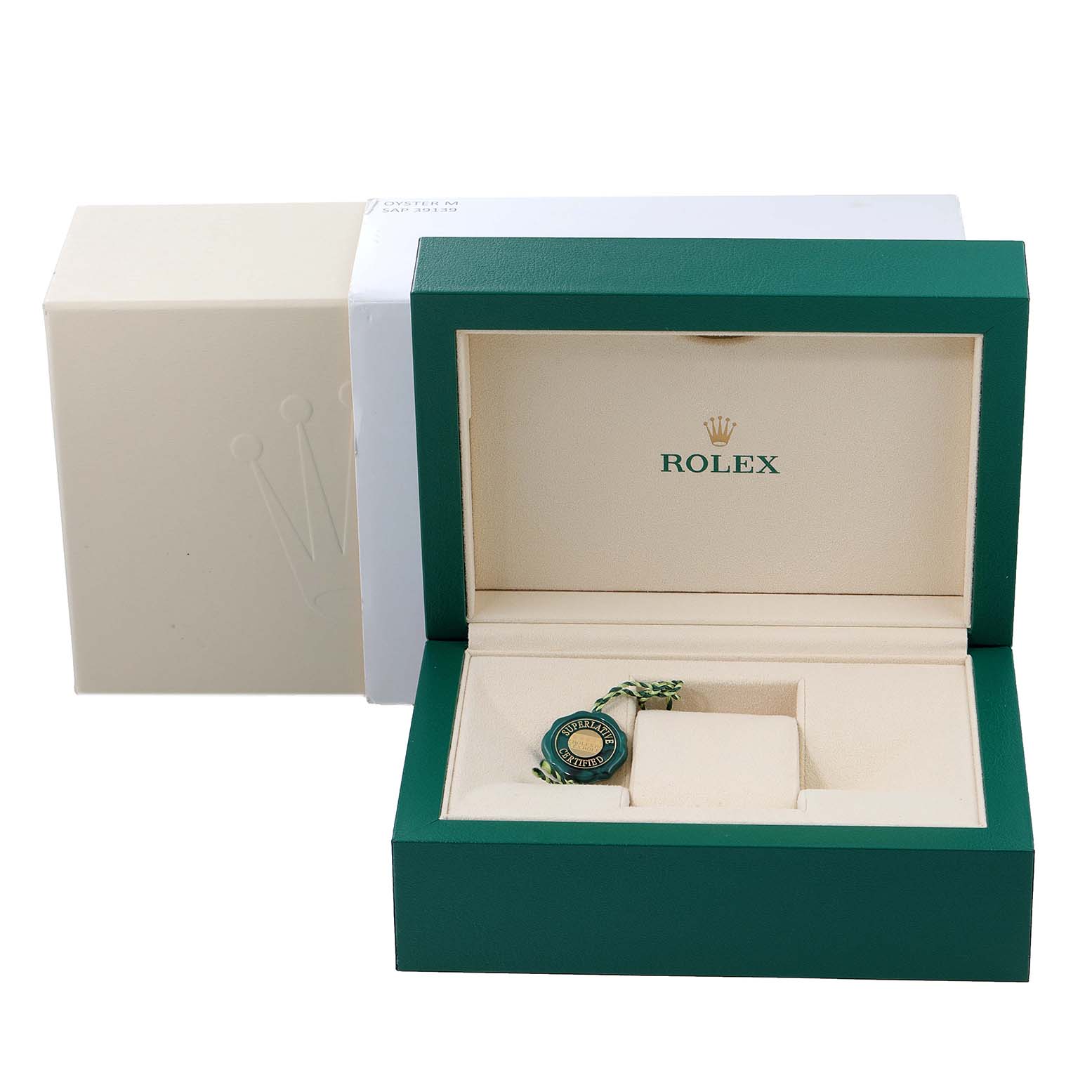 The image shows a Rolex Submariner 126610 Men's Stainless Steel Black Dial 126610 Men's Stainless Steel Black Dial watch box and packaging with a tag inside, viewed from the front.