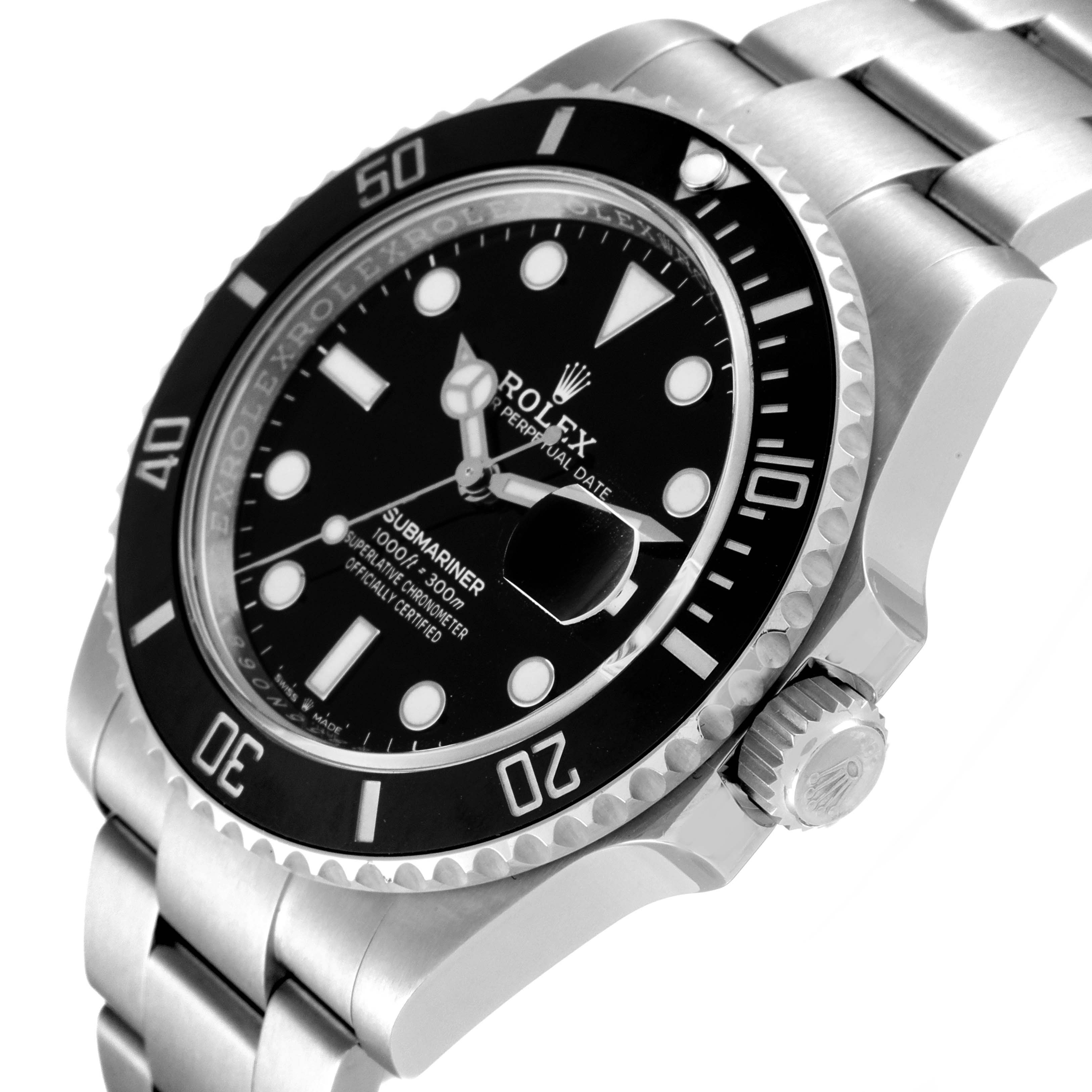 This image shows a close-up of the black dial, bezel, and stainless steel bracelet of a Rolex Submariner 126610 Men's Stainless Steel Black Dial 126610 Men's Stainless Steel Black Dial watch.