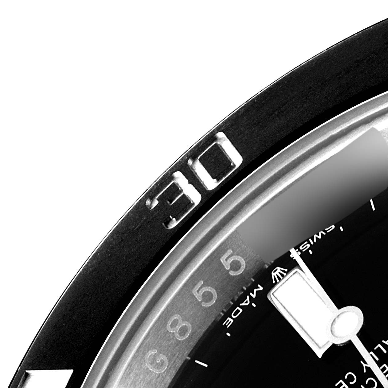 The image shows a close-up of the bezel and part of the dial of a Rolex Submariner 126610 Men's Stainless Steel Black Dial 126610 Men's Stainless Steel Black Dial watch, displaying the "30" minute mark.