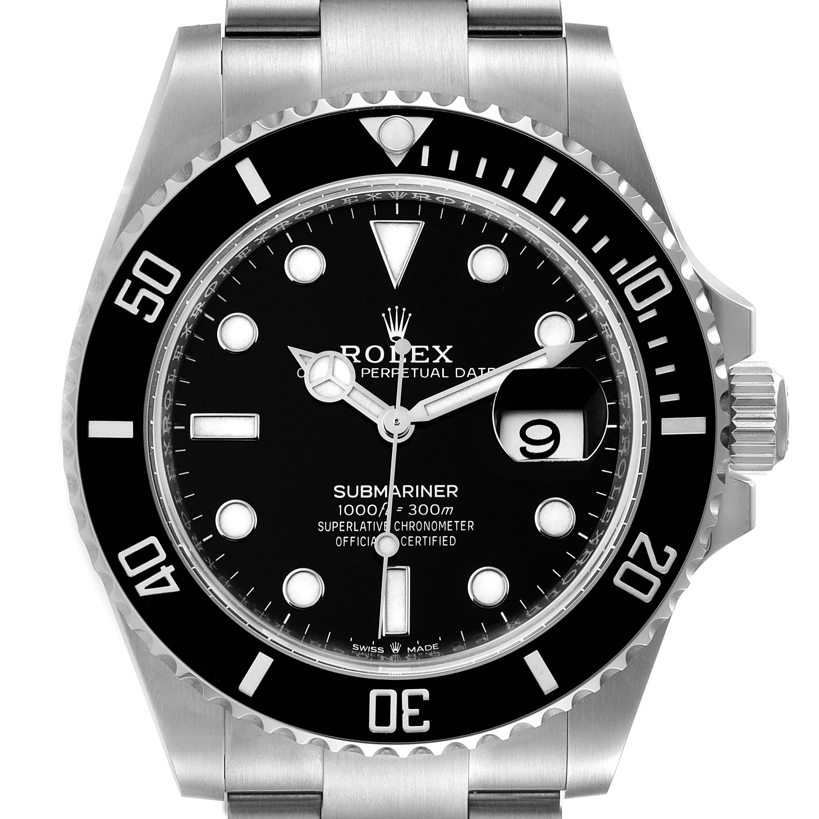 The image shows a front view of the Rolex Submariner 126610 Men's Stainless Steel Black Dial 126610 Men's Stainless Steel Black Dial watch, highlighting its black dial, bezel, and bracelet.